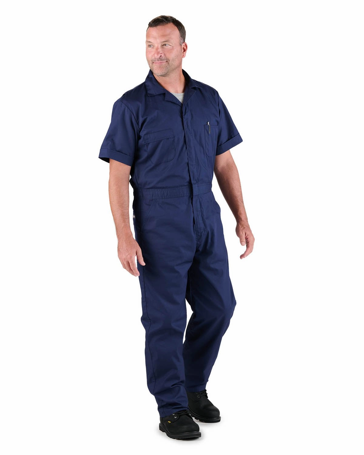 Berne Mens Navy Cotton Blend Poplin Short Sleeve Coverall Logo Free Style