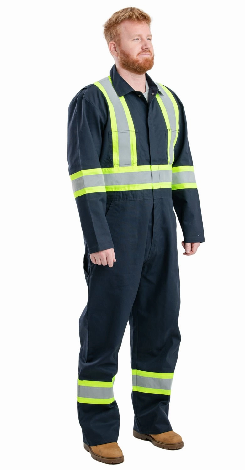 Berne Mens Navy Cotton Blend Safety Striped Unlined Coverall OdorResistantFabric Long Length