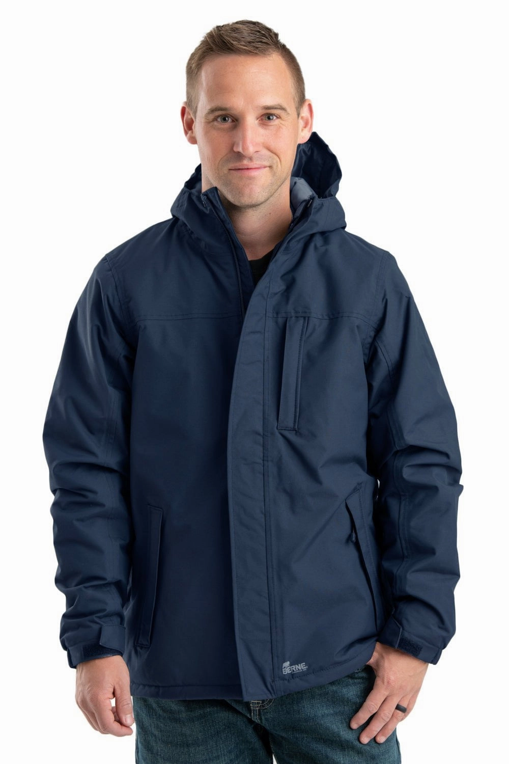 Berne Mens Navy Nylon Coastline Waterproof Insulated Storm Jacket Lightweight Thermal Tech Knee Length