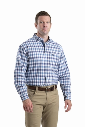 High Density Weave Berne Mens Plaid Blue U Cotton Blend Foreman Flex Button Down Shirt L/S