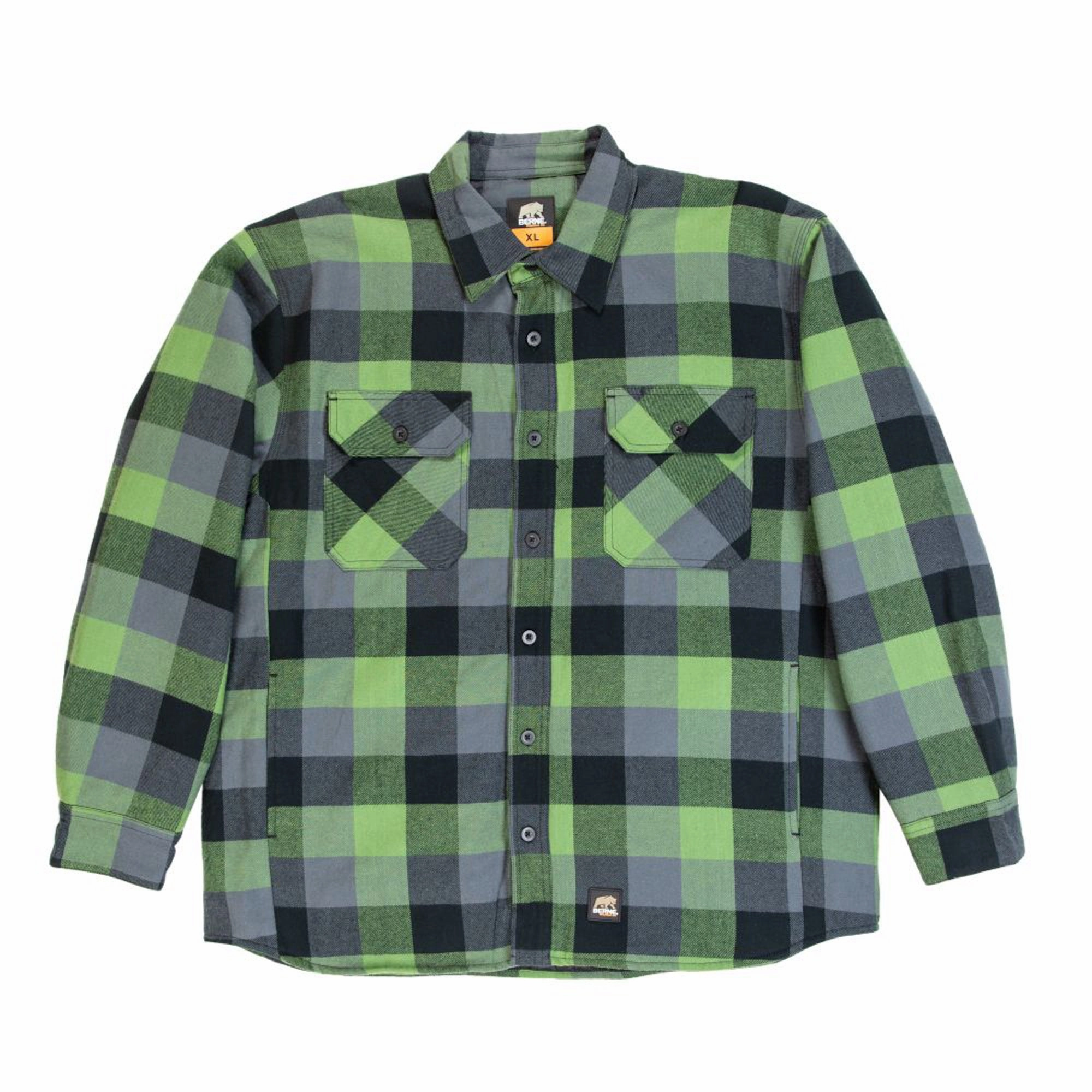 Berne Mens Plaid Green E 100% Cotton Flannel Shirt Jacket L/S Bonded Hemline Neutral Tones Look