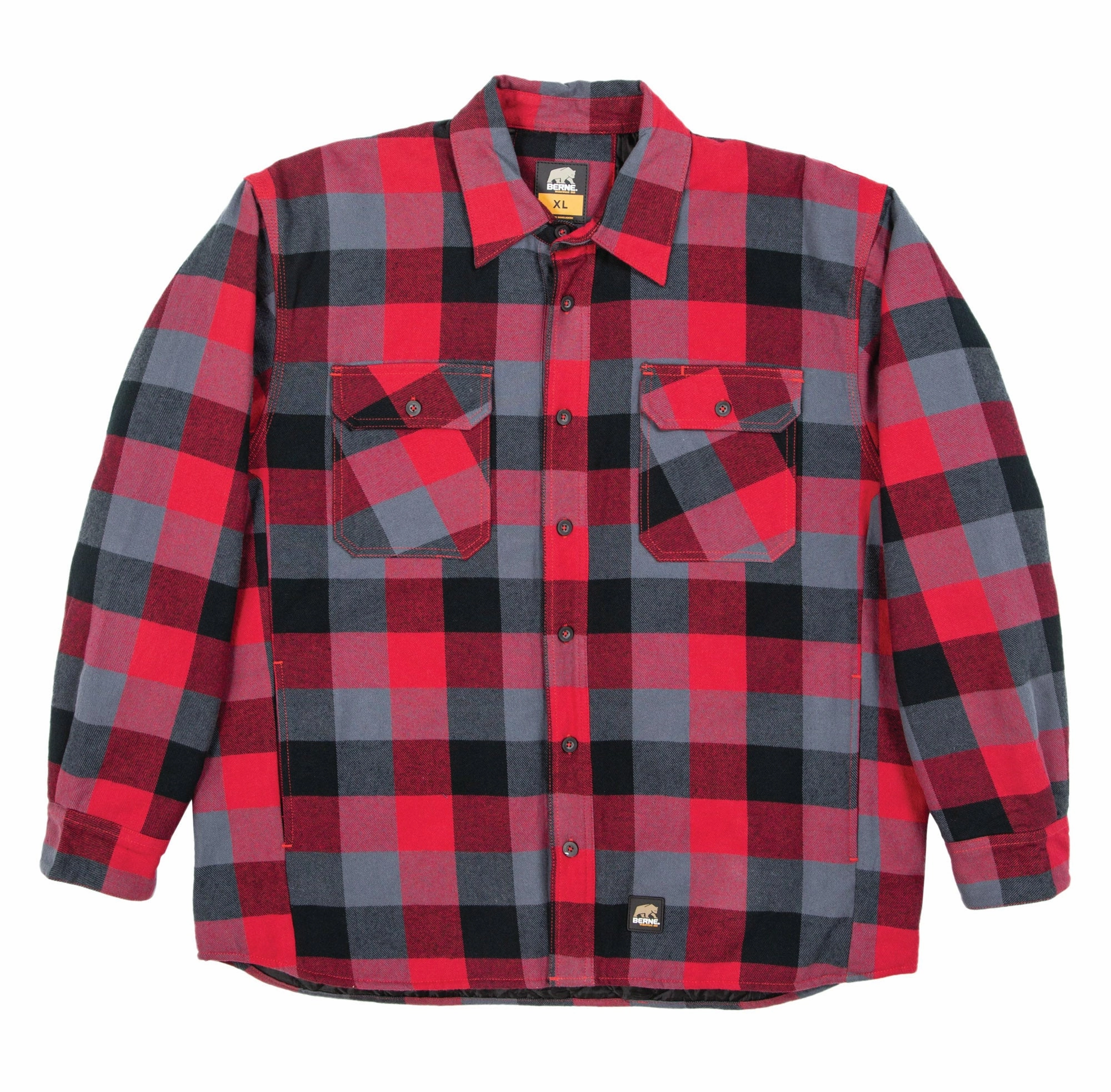 Modular Layering Stand Collar Berne Mens Plaid Red E 100% Cotton Flannel Shirt Jacket L/S