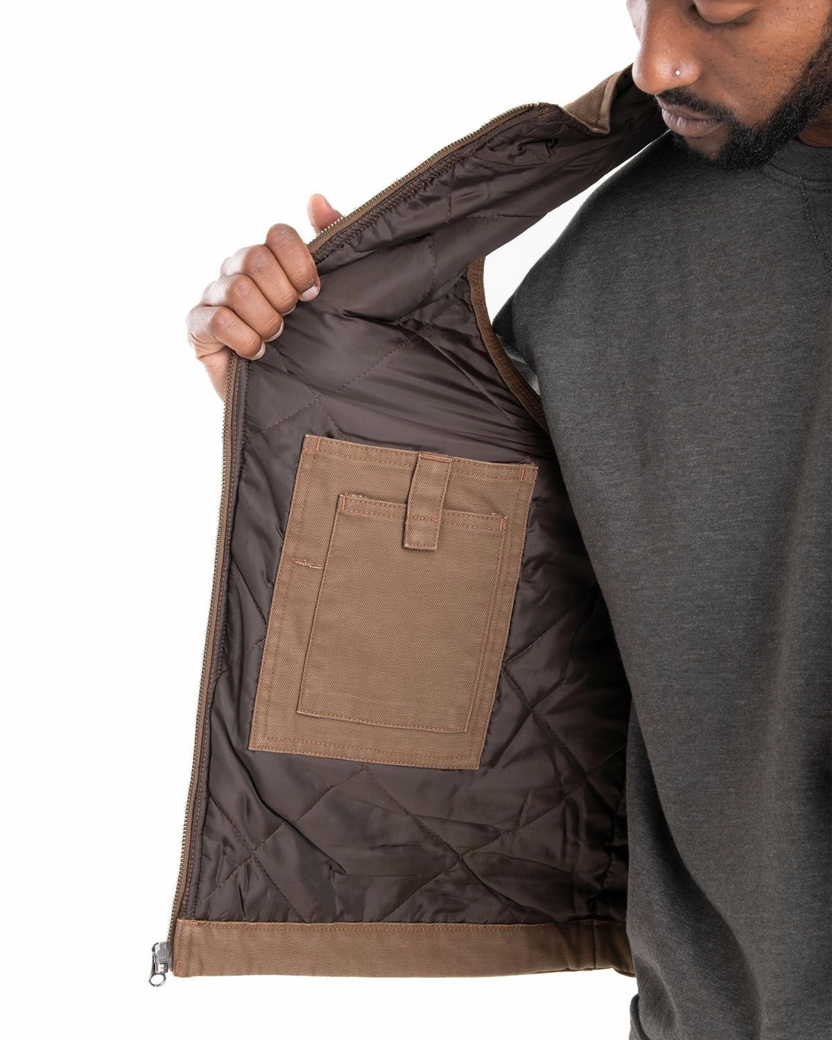 Berne Mens Vintage Washed Quilt-Lined Driftwood 100% Cotton Vest Auxiliary Attachment Points