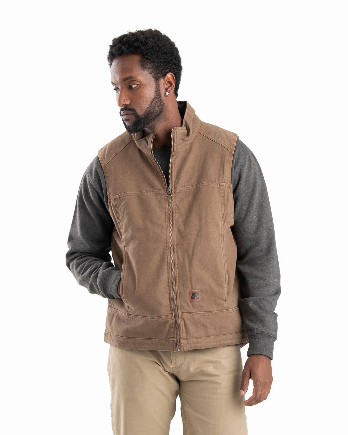 Berne Mens Vintage Washed Quilt-Lined Driftwood 100% Cotton Vest Flex Fit Design