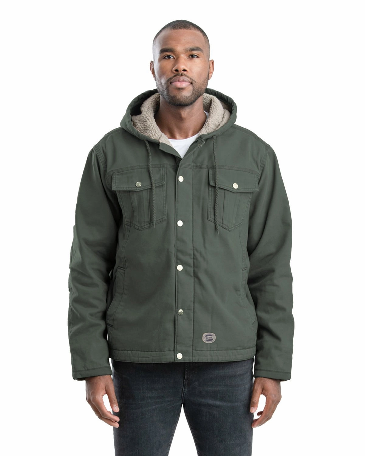 Berne Mens Vintage Washed Sherpa-Lined Hooded Moss 100% Cotton Jacket QuickDryFinish Magnetic Fasteners