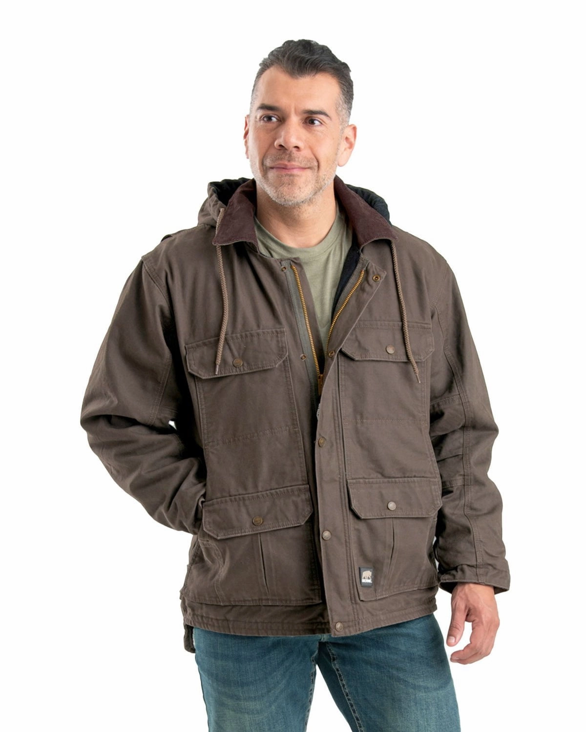 Berne Mens Washed Zip-Off Hooded Work Dark Khaki 100% Cotton Coat Reinforced Elbow Panels Recycled Polyester