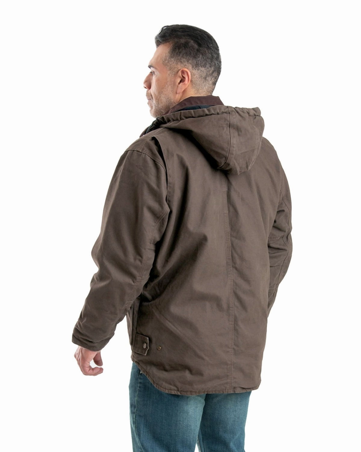 Berne Mens Washed Zip-Off Hooded Work Dark Khaki 100% Cotton Coat Convertible Style Tapered Hem