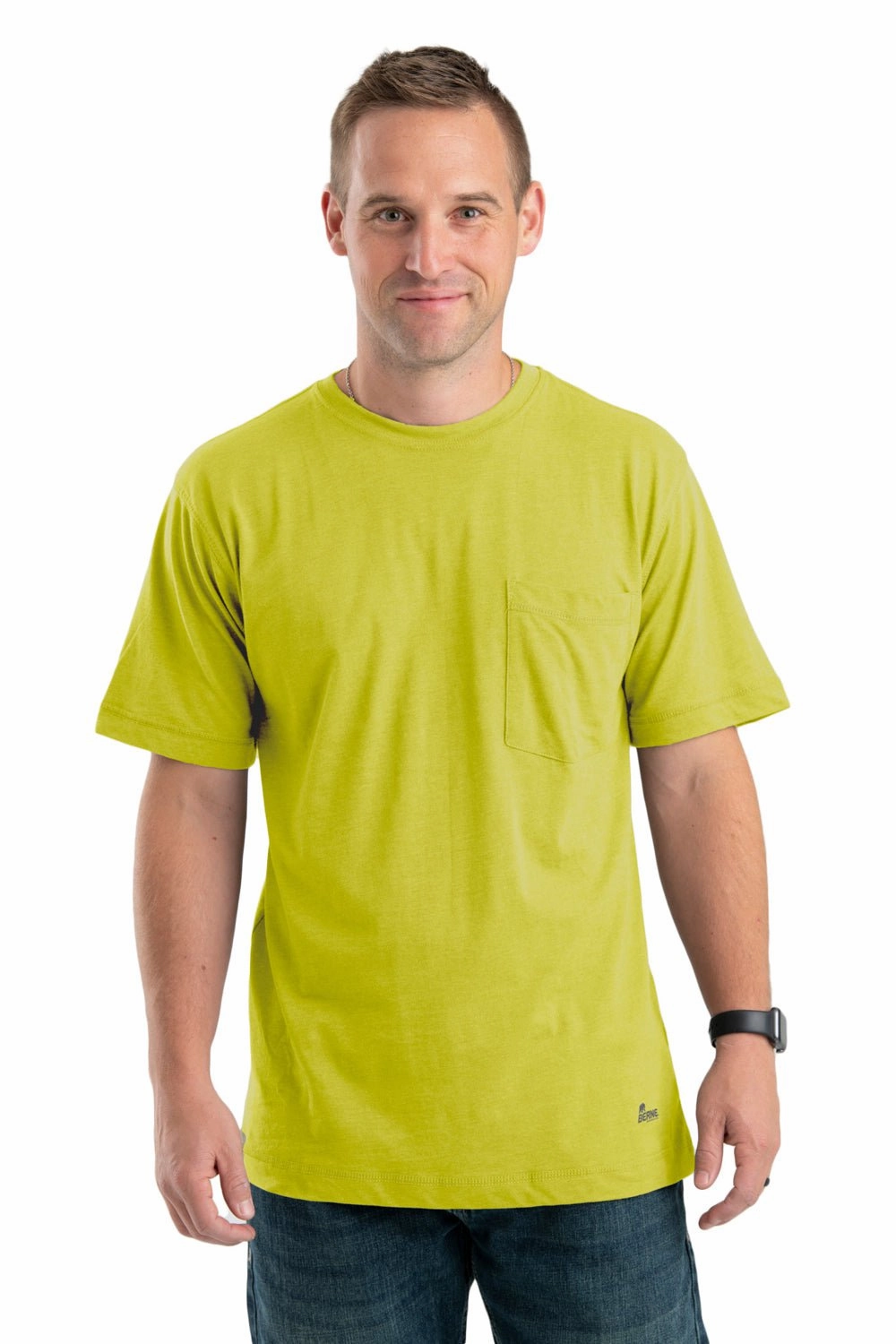 Berne Mens Yellow Cotton Blend Performance Pocket Tee S/S birthday party