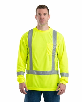 Berne Mens Yellow Polyester Hi-Viz Performance L/S Tee S/S crew neck Thermoregulating Layer
