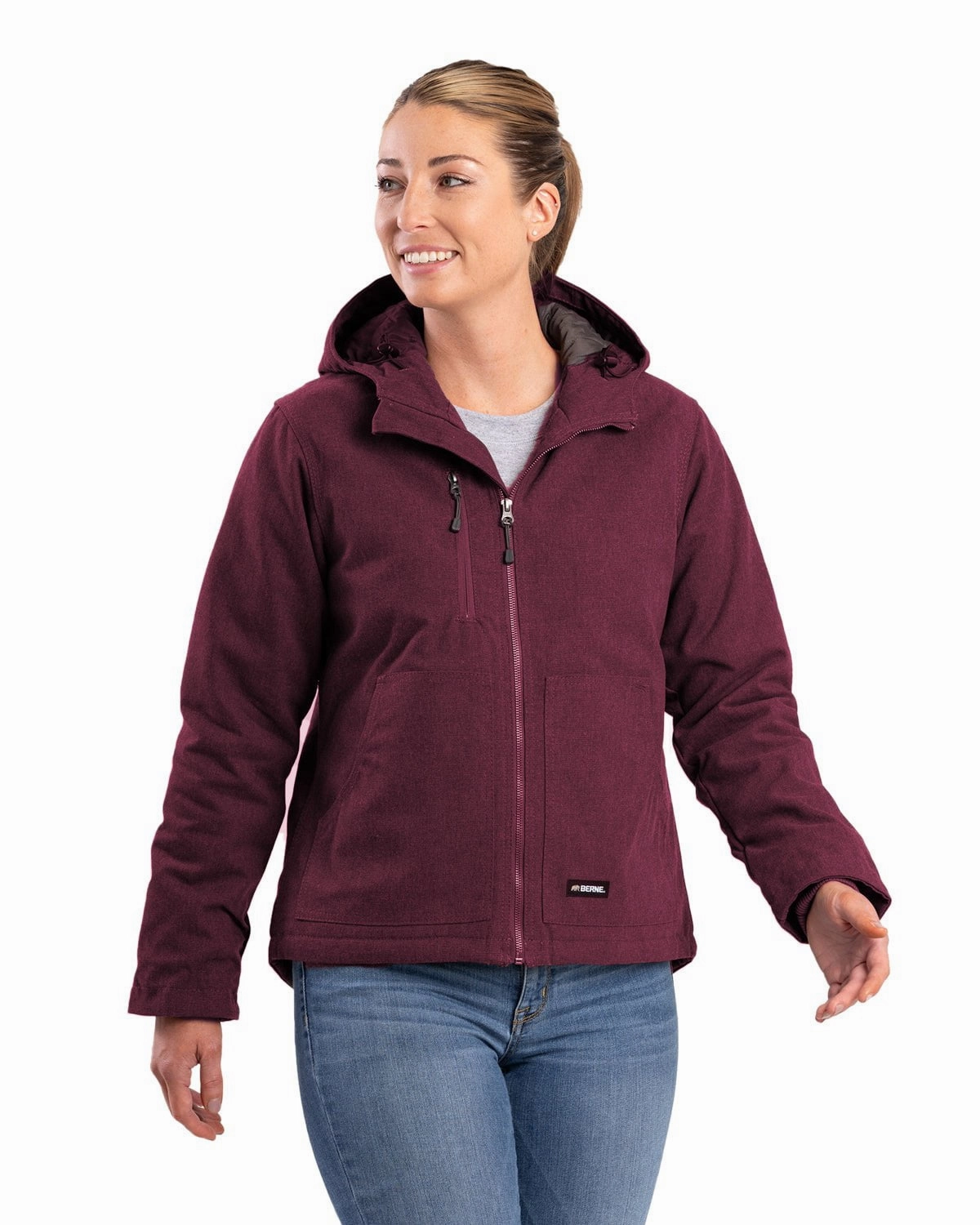 Berne Womens Heathered Duck Hooded Burgundy Cotton Blend Jacket Insulated Design Tear Resistant