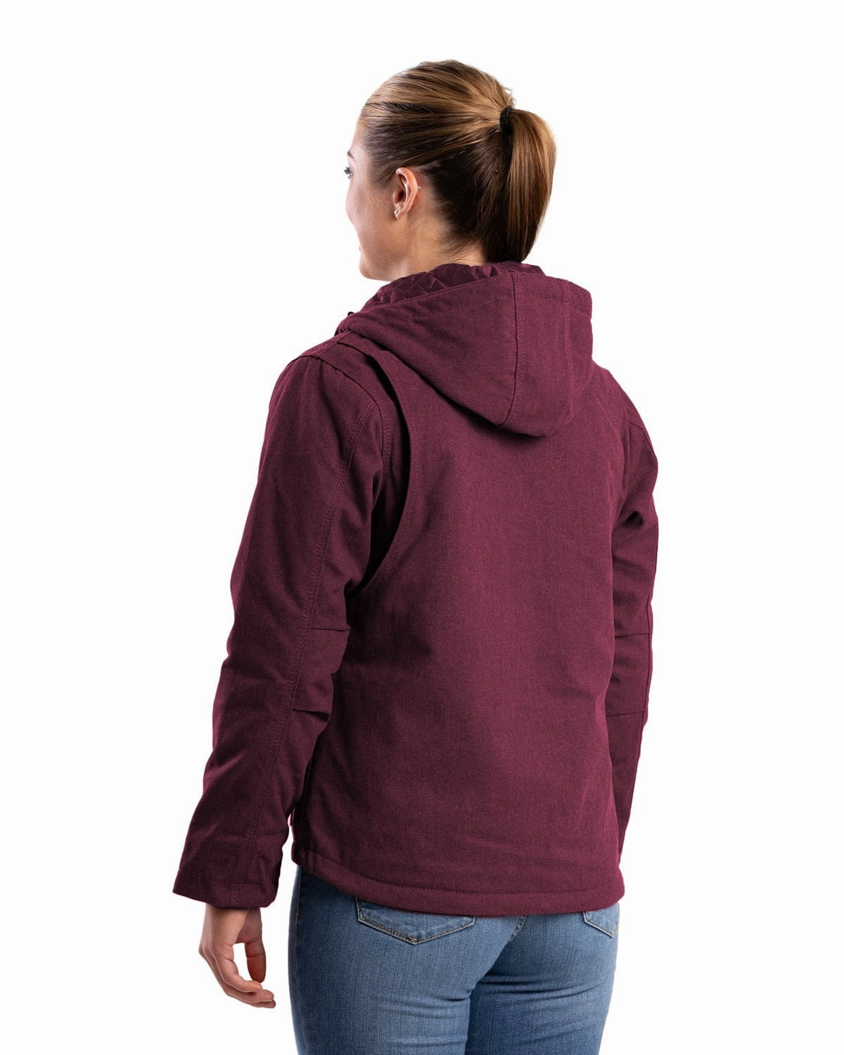 Berne Womens Heathered Duck Hooded Burgundy Cotton Blend Jacket Odor Resistant elastic waistband