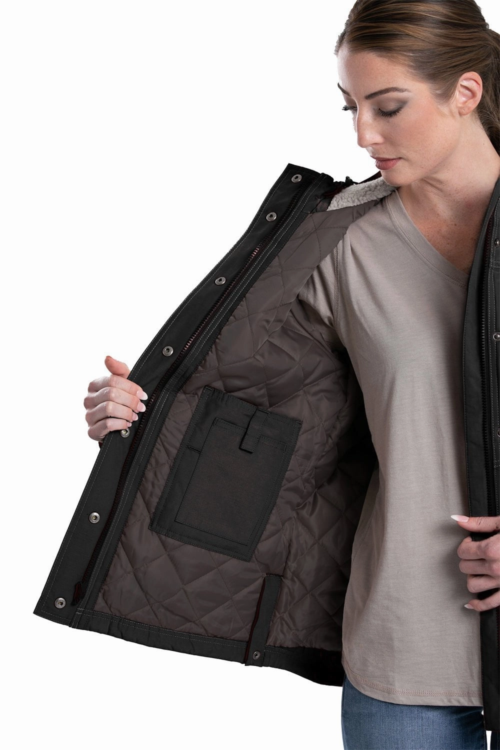 Berne Womens Softstone Micro-Duck Hooded Black Cotton Blend Coat quick dry