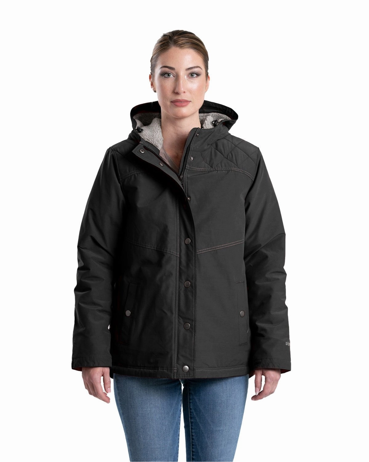 Layered Wind Barrier Thermo Regulating Berne Womens Softstone Micro-Duck Hooded Black Cotton Blend Coat