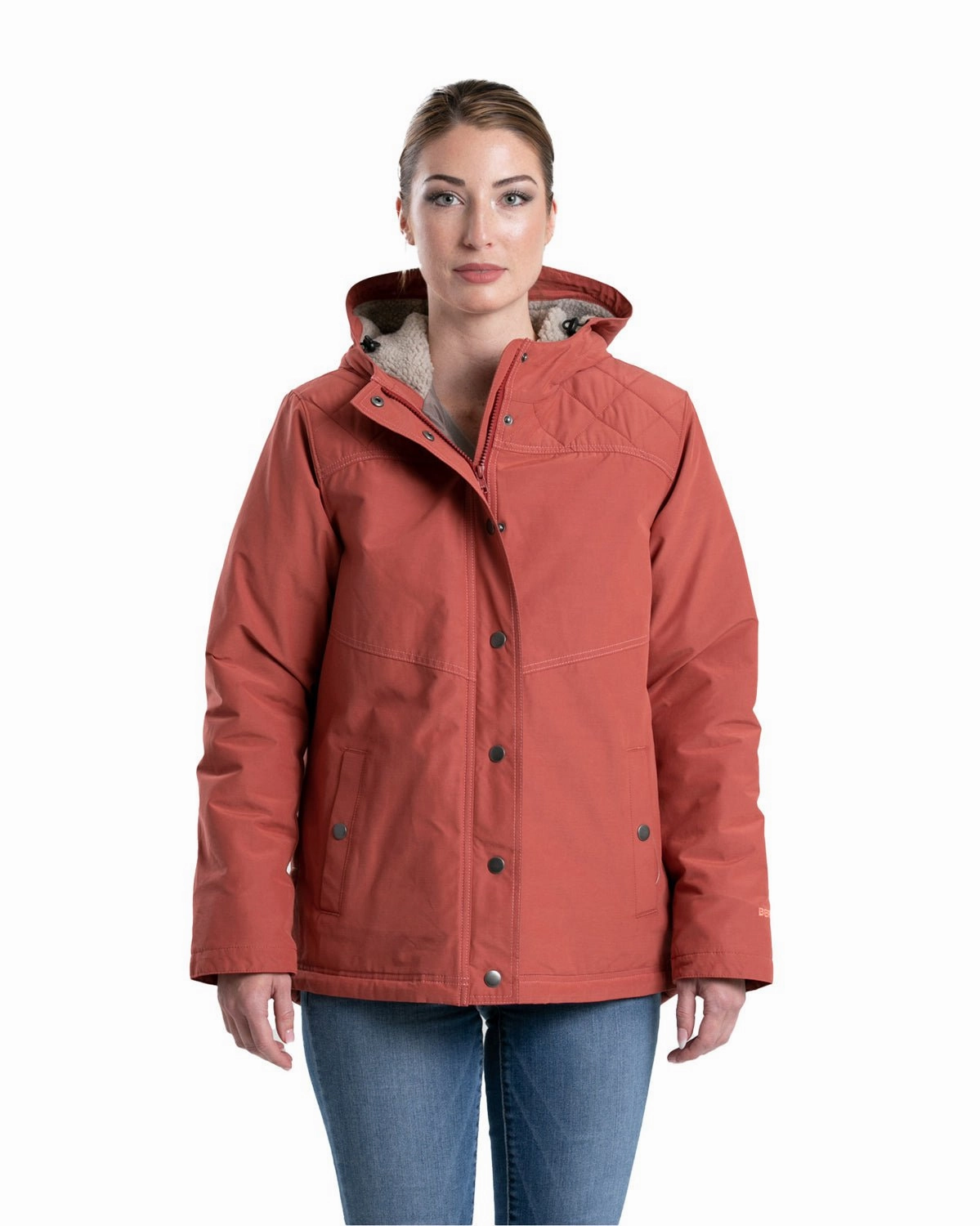 Stitched Look Roll Up Hood Berne Womens Softstone Micro-Duck Hooded Marsala Cotton Blend Coat