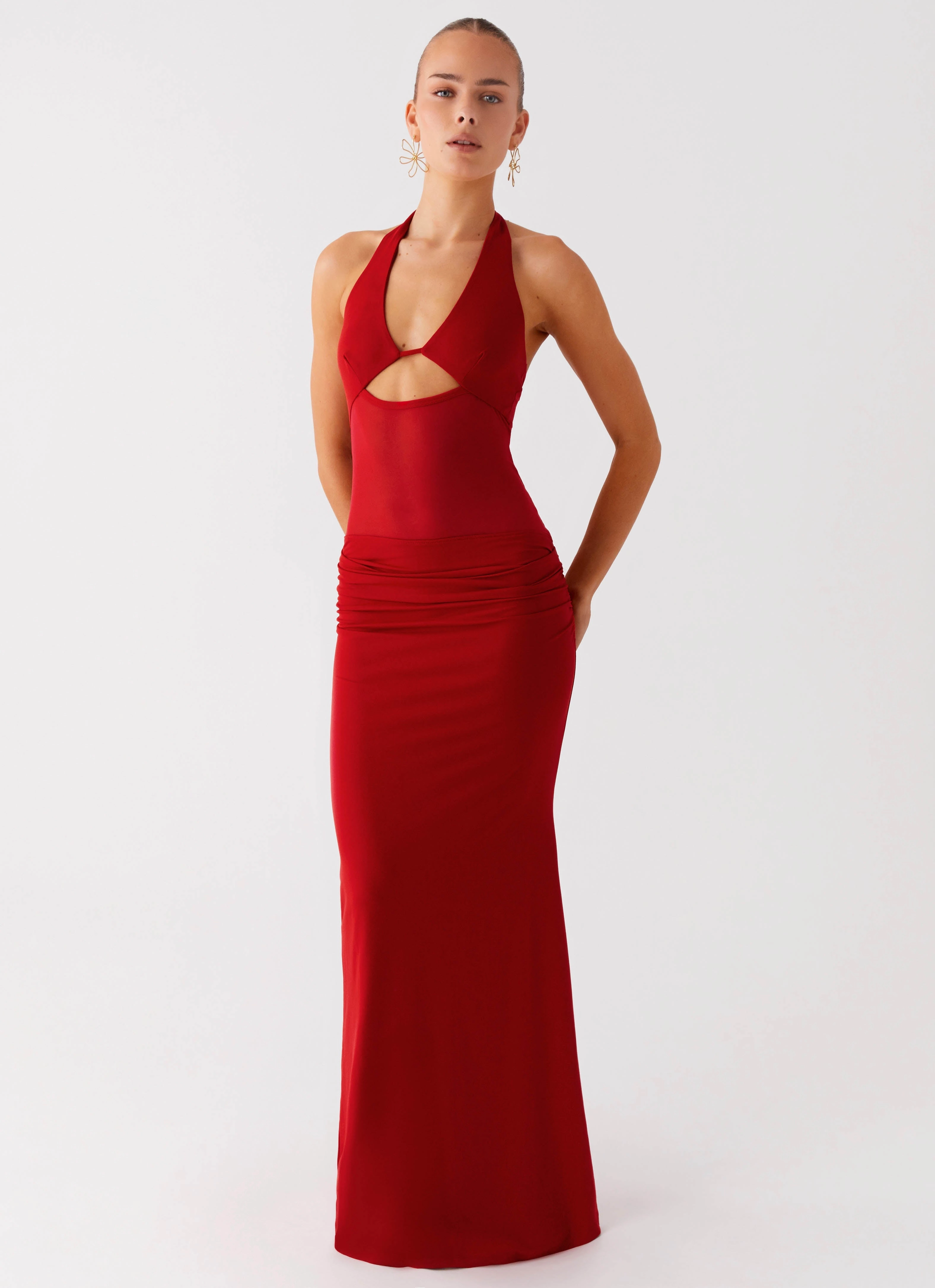 Stand Collar Billen Halter Maxi Dress - Red