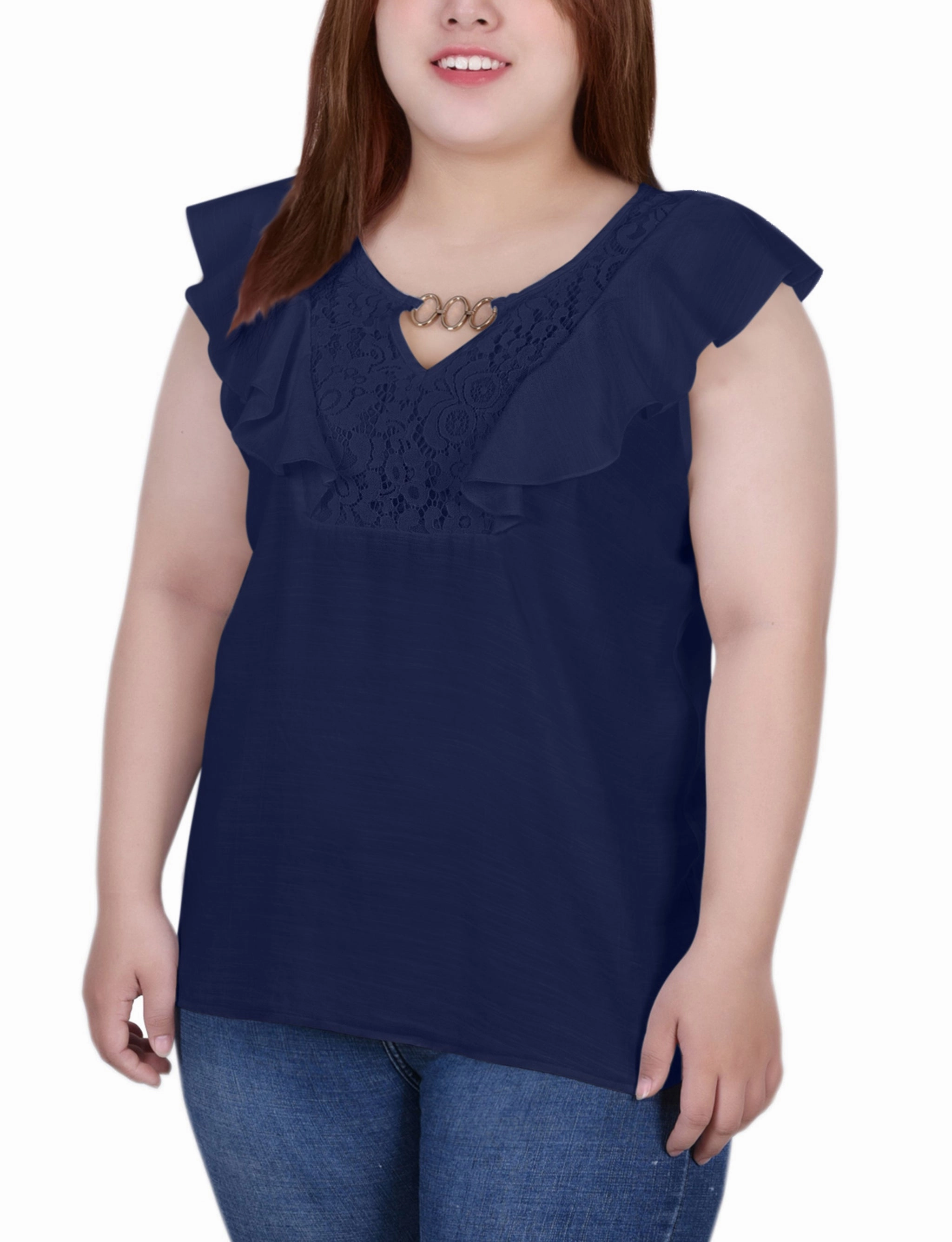 AntiStaticFabric Plus Size Sleeveless Flutter Yoke Blouse