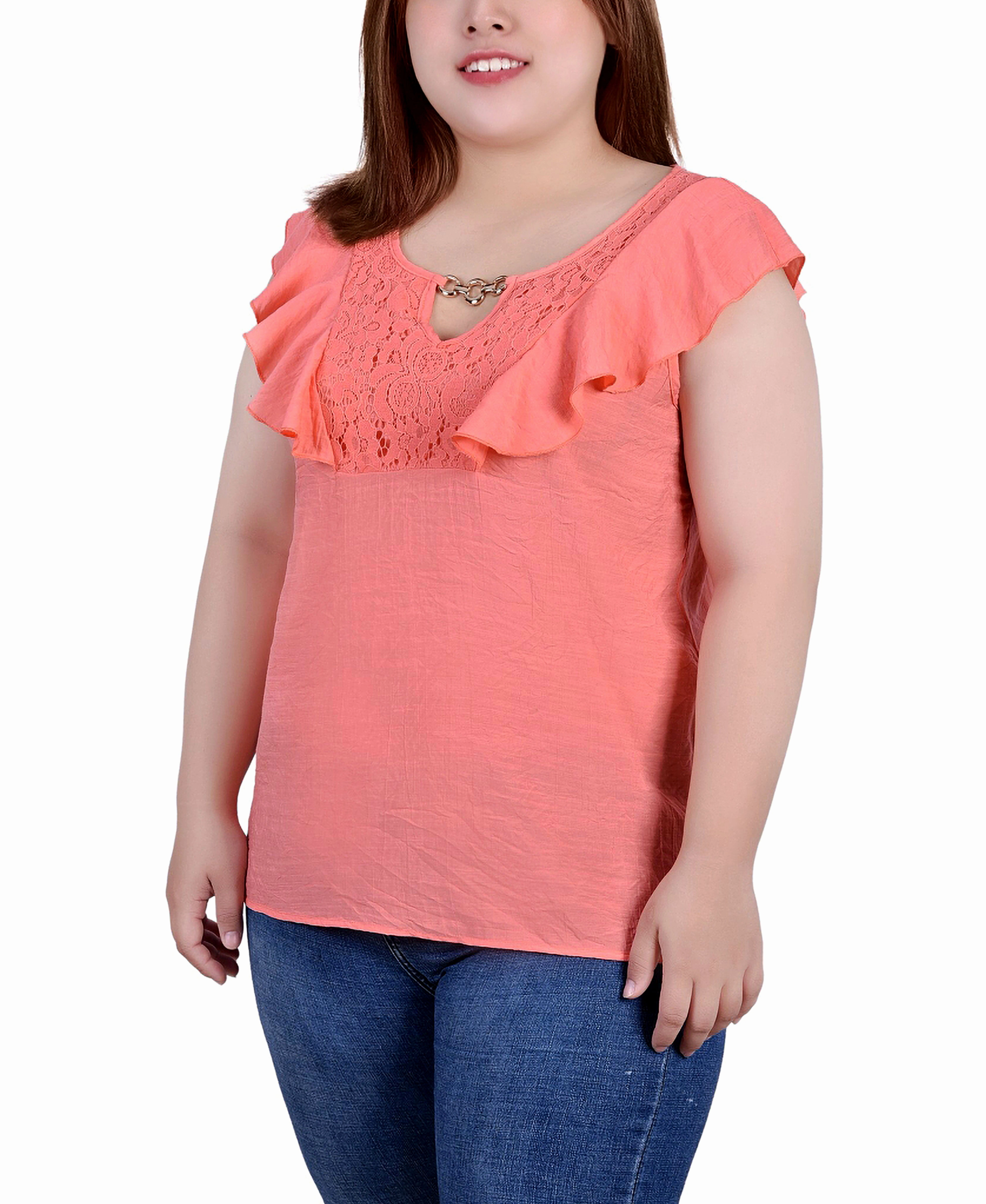 Lightweight Layering Option Plus Size Sleeveless Flutter Yoke Blouse