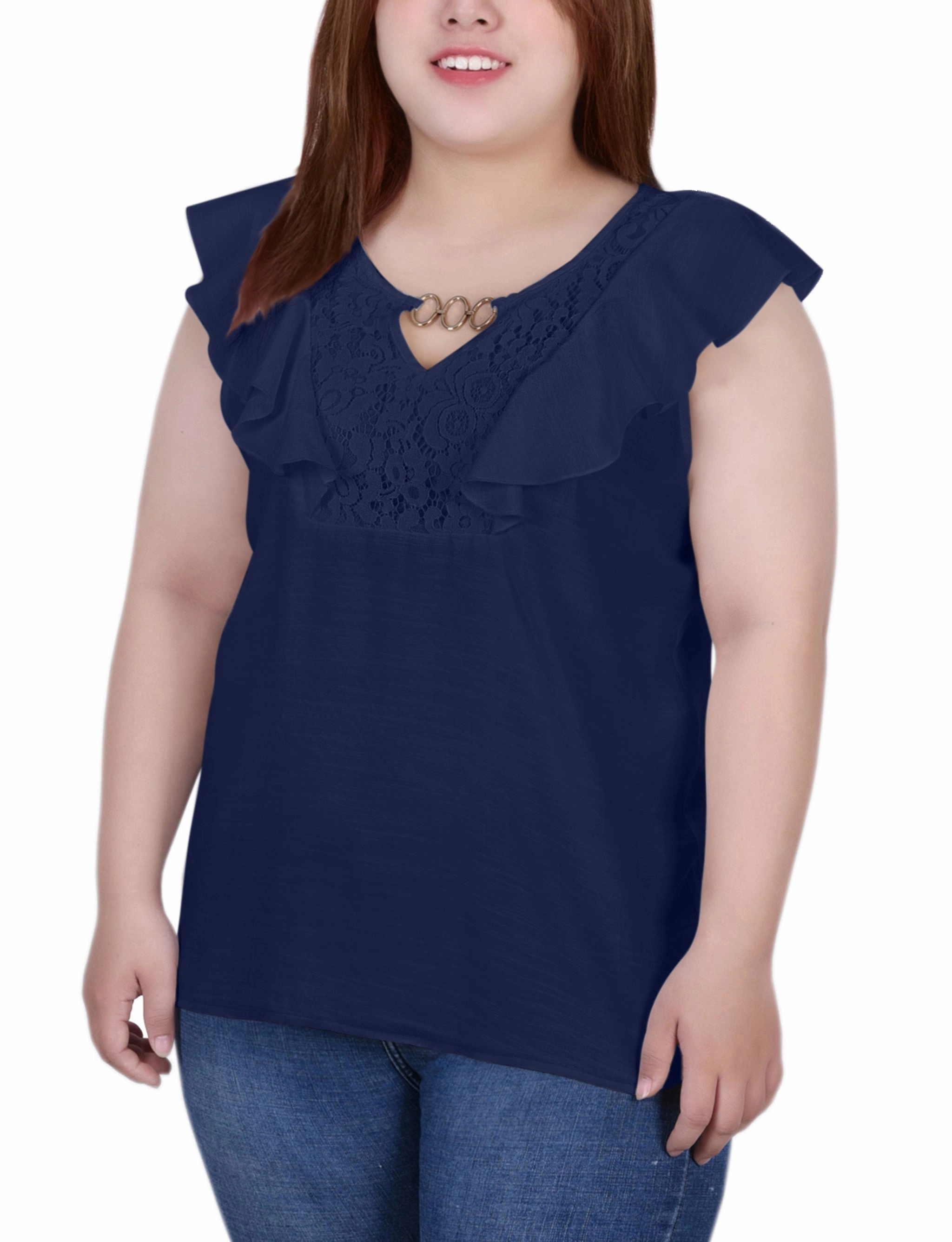 Plus Size Sleeveless Flutter Yoke Blouse RollUpCuff