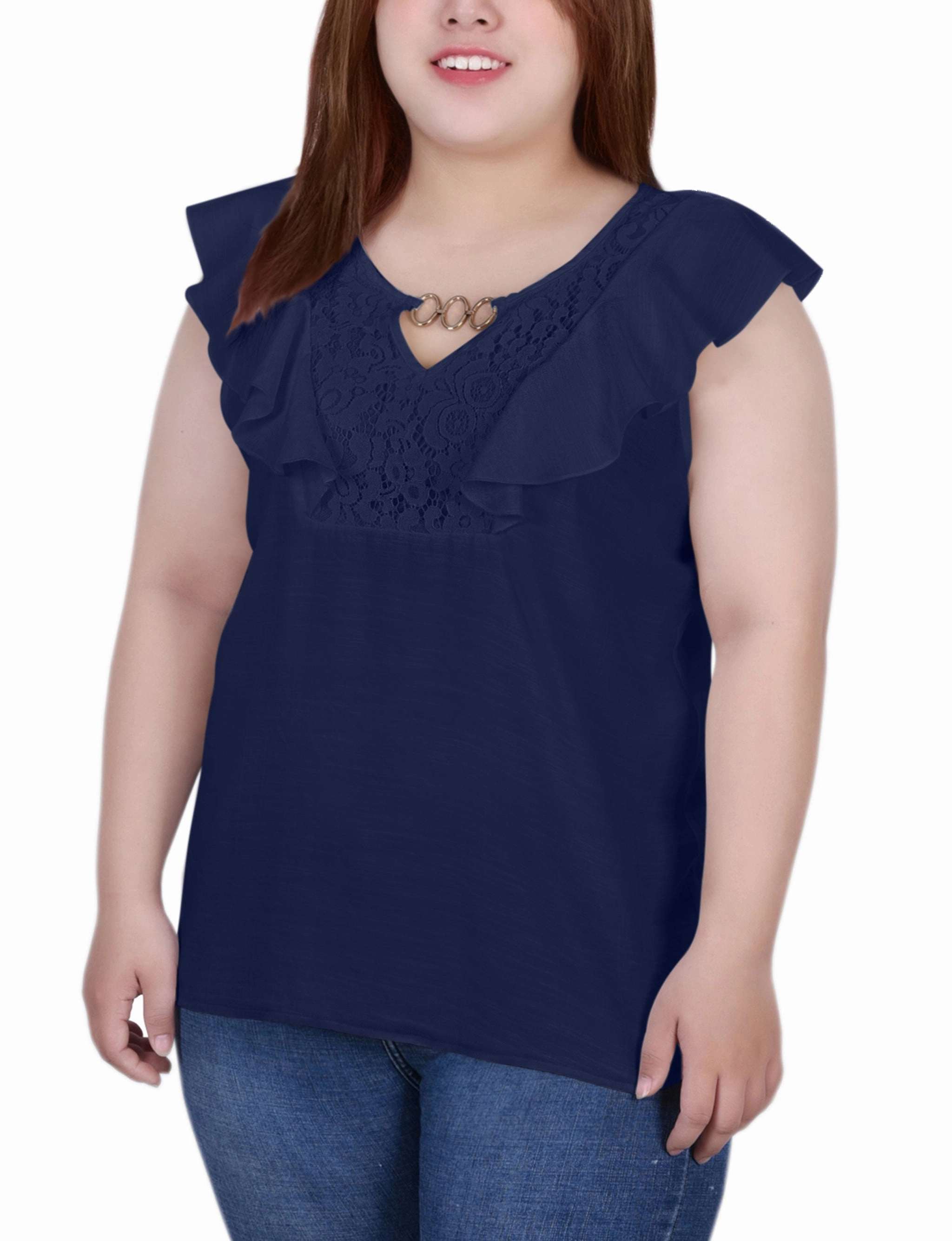 Plus Size Sleeveless Flutter Yoke Blouse Neutral Tone Stitching