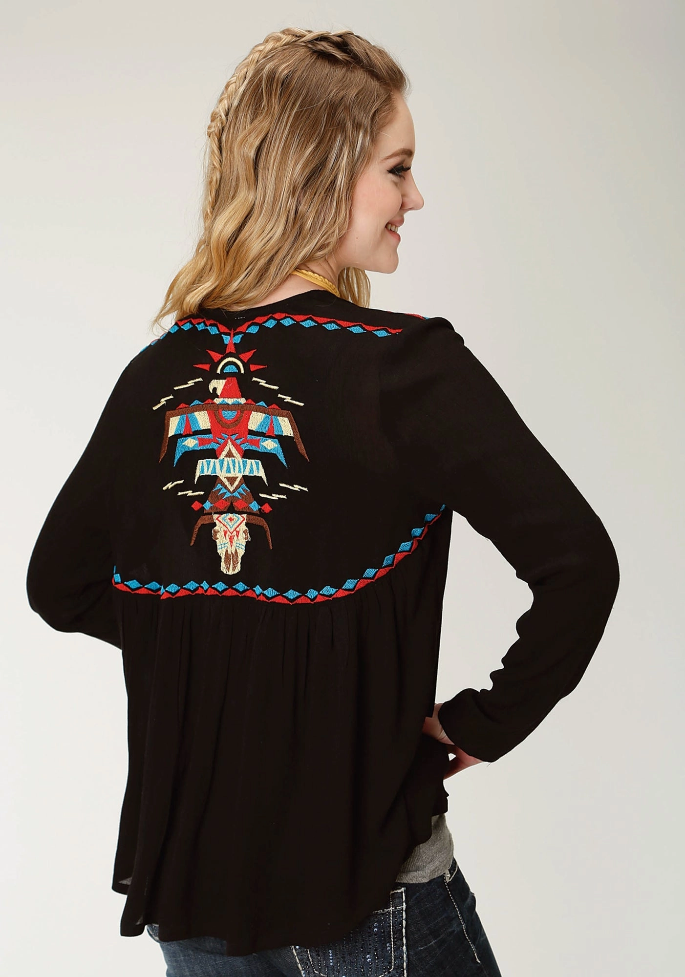 Roper Womens Black Cotton Blend Blended Crepe Cardigan Durable Color Retention Taped Edges