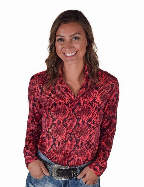 Contemporary Look Cowgirl Tuff Womens Pullover Snake Watermelon Polyester L/S Shirt