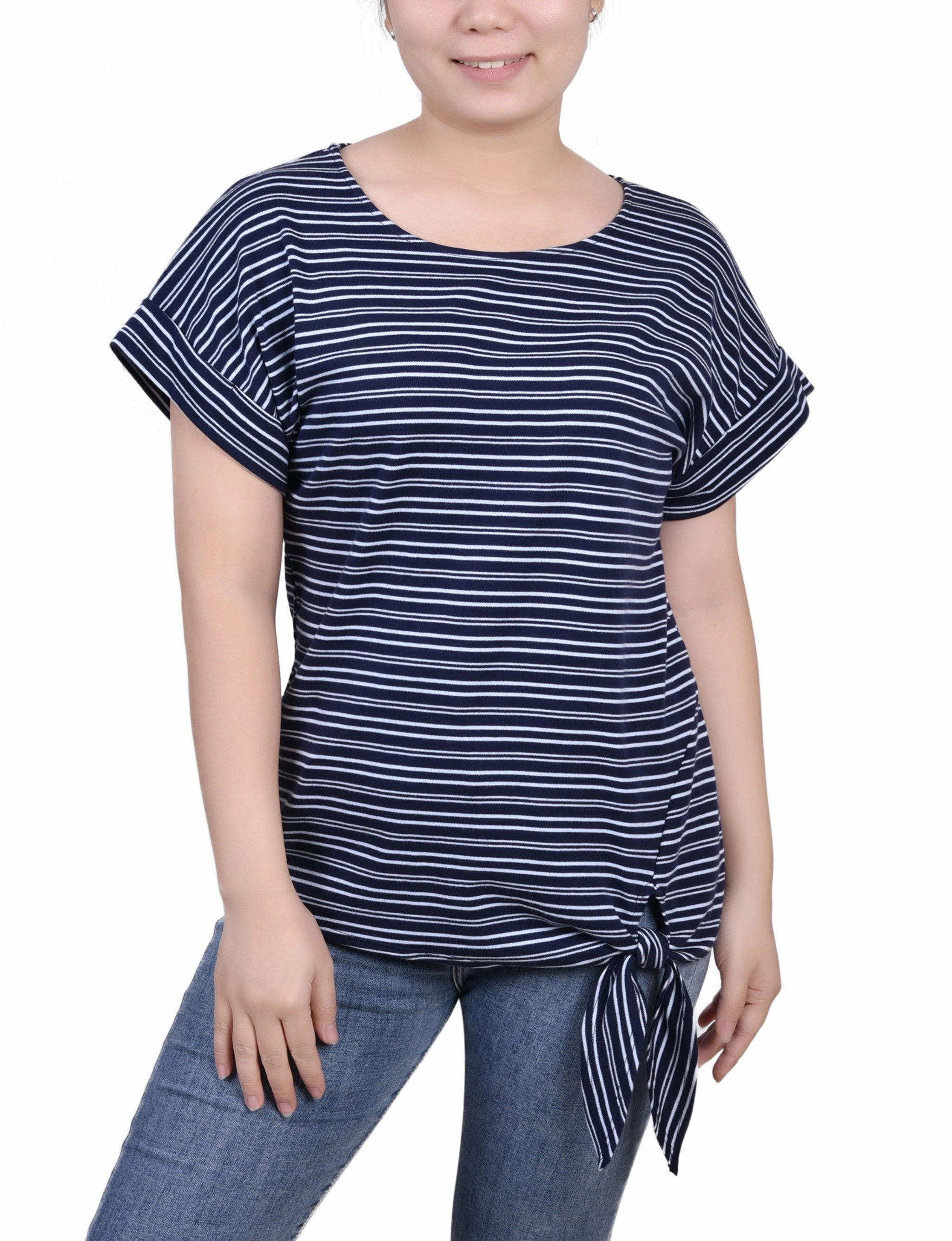 Multi Directional Zipper Placement Short Sleeve Tie Front Top