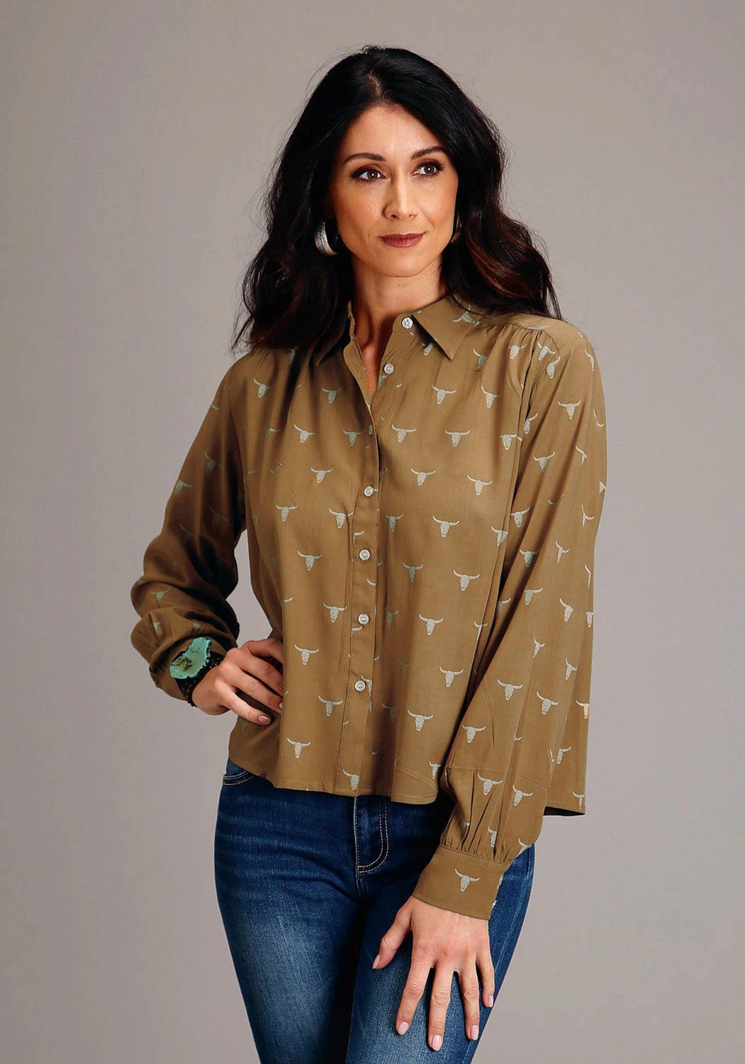 Stetson Womens Mojave Steer Head Brown 100% Rayon L/S Blouse Versatile Style Business casual