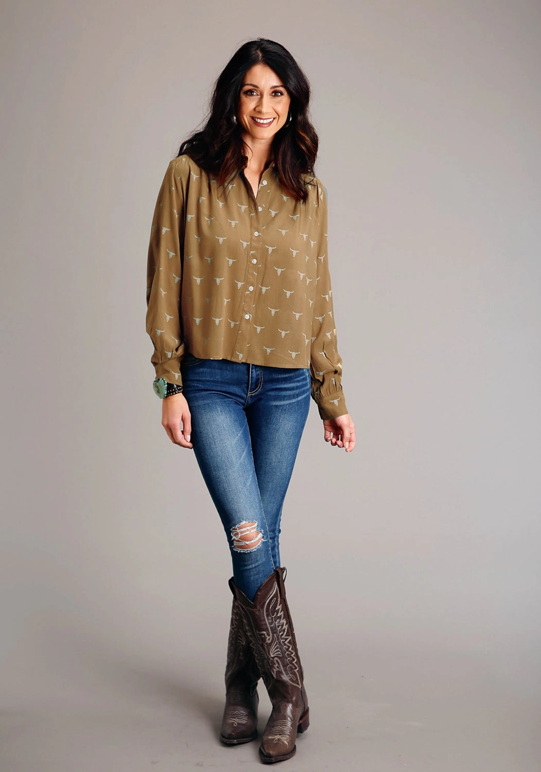 Stetson Womens Mojave Steer Head Brown 100% Rayon L/S Blouse Multi Pocket Design Stretch Fabric