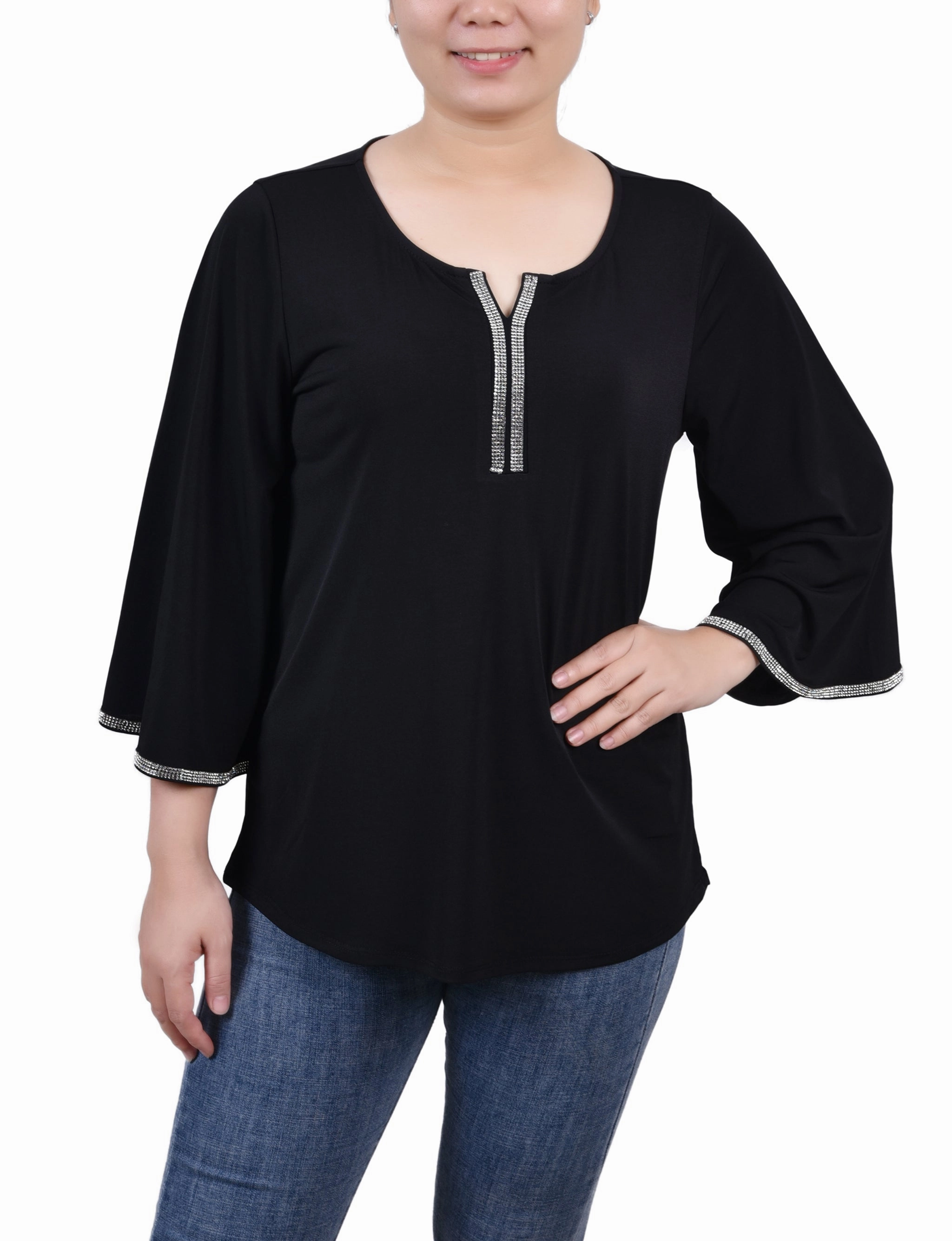 Bound Seam Finish Petite 3/4 Bell Sleeve Top With Stones