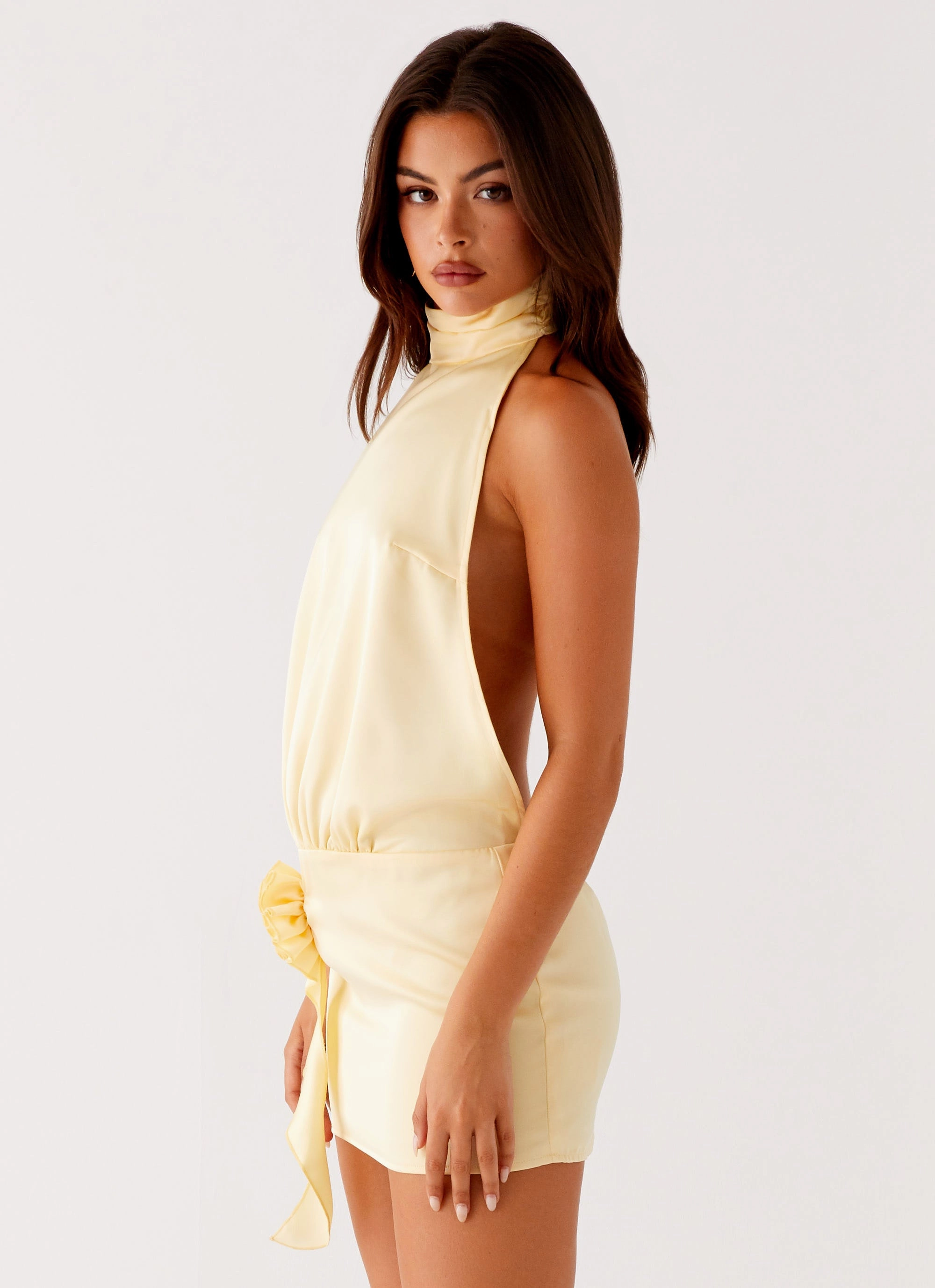 Birdie Halterneck Mini Dress - Yellow Hidden Zipper Puffer Outerwear