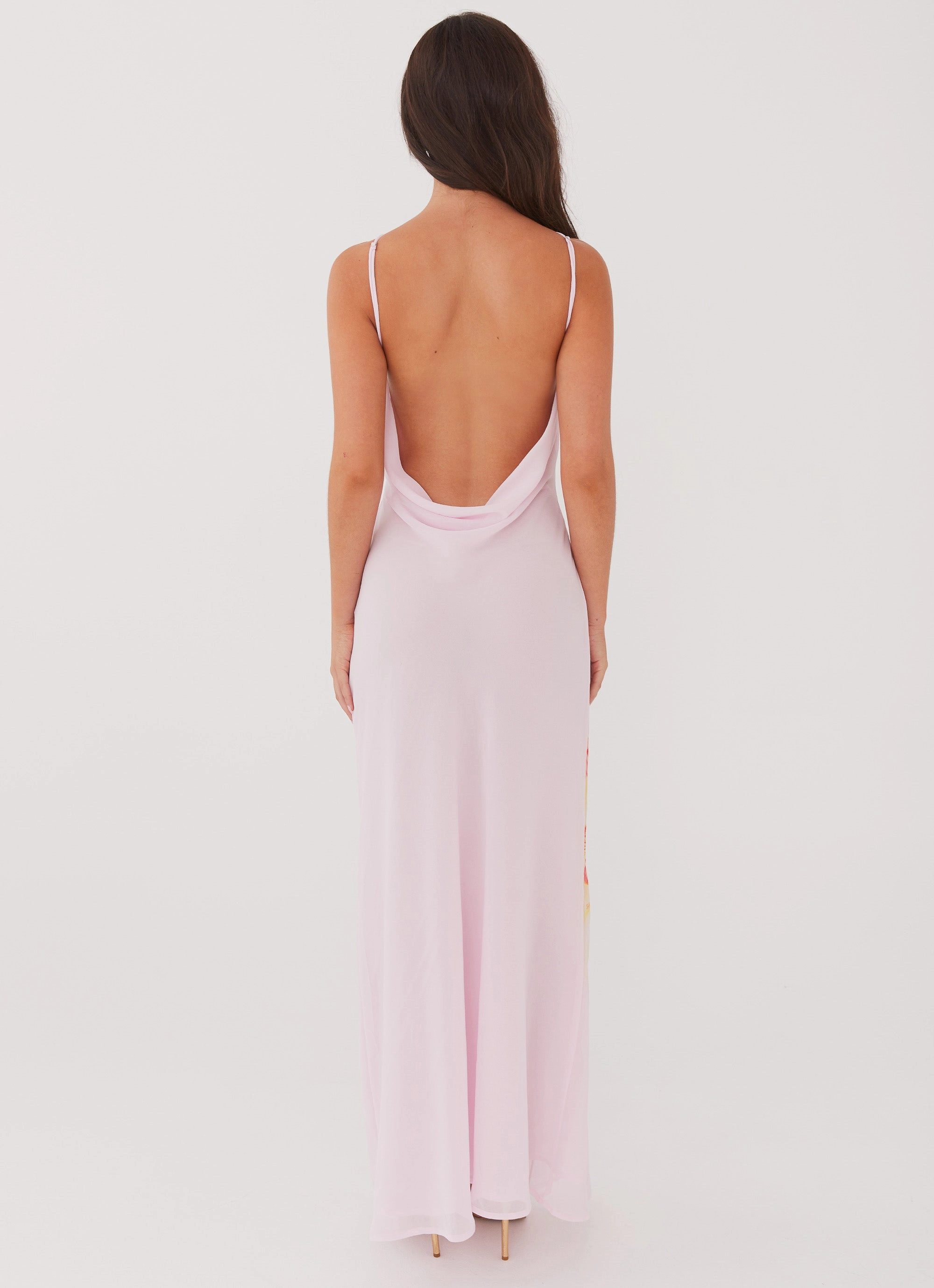 Down Filled Modern Minimal Blossom Hearts Maxi Dress - Pink Peony