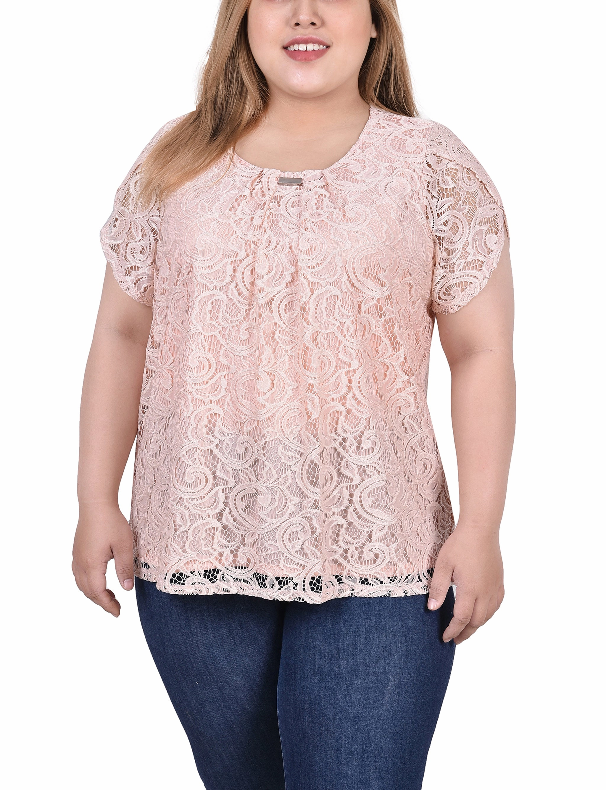 Plus Size Lace Petal Sleeve Top Yarn Dyed Fabric Flatlock Seams