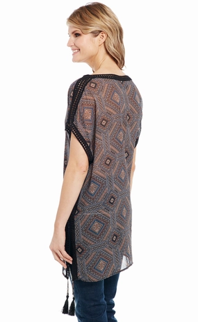 Cowgirl Up Womens Brown Multi Polyester Kaftan Beaded Tunic S/S High Neck Trendsetting Style