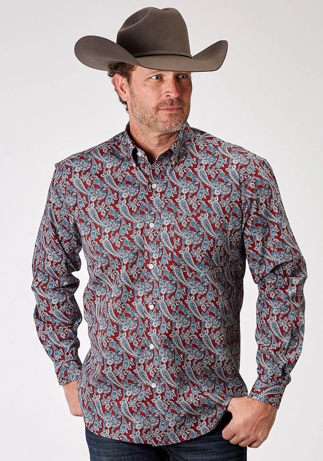 Roper Mens Red River Paisley Red 100% Cotton L/S Shirt No Slip Shoulder Grip
