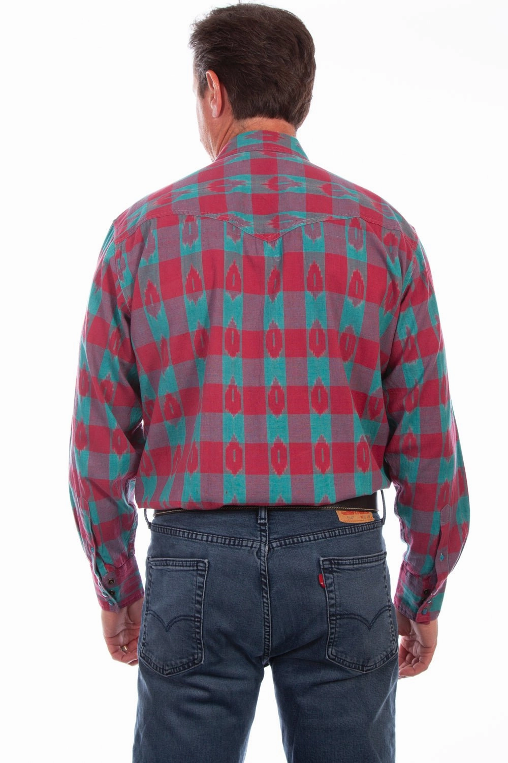 Country Charm Trendsetting Scully Mens Turquoise/Red 100% Cotton Signature Check L/S Shirt