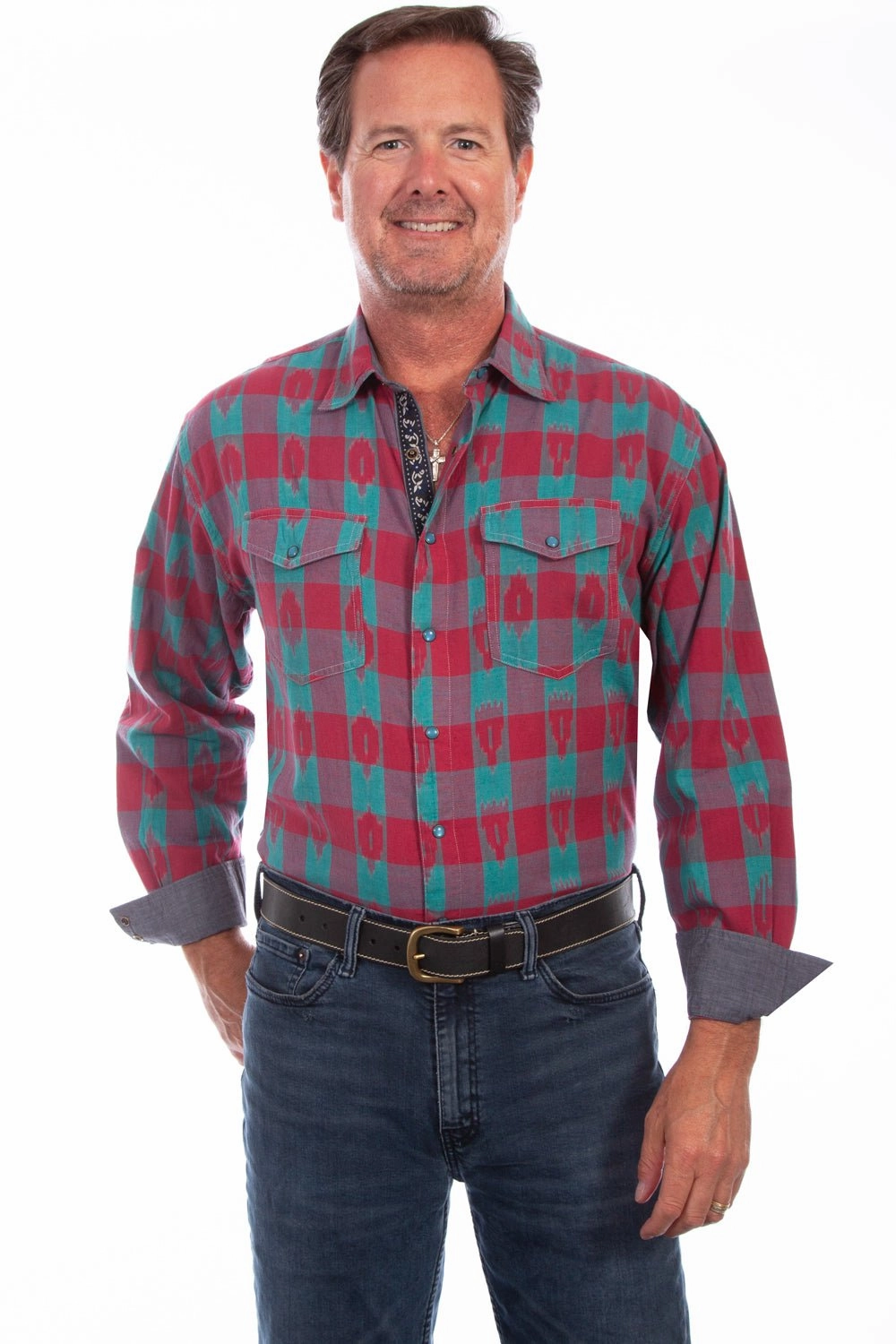 Scully Mens Turquoise/Red 100% Cotton Signature Check L/S Shirt gender-neutral Seasonal Wardrobe