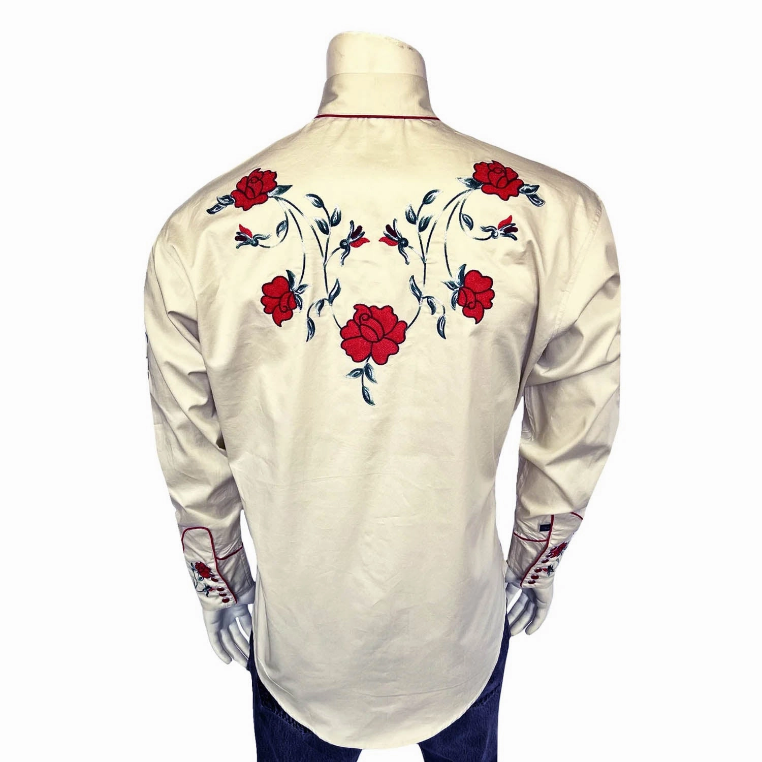 Rockmount Mens Crochet Rose Floral Khaki 100% Cotton L/S Shirt Wrinkle Resistant Finish Minimalist Aesthetic