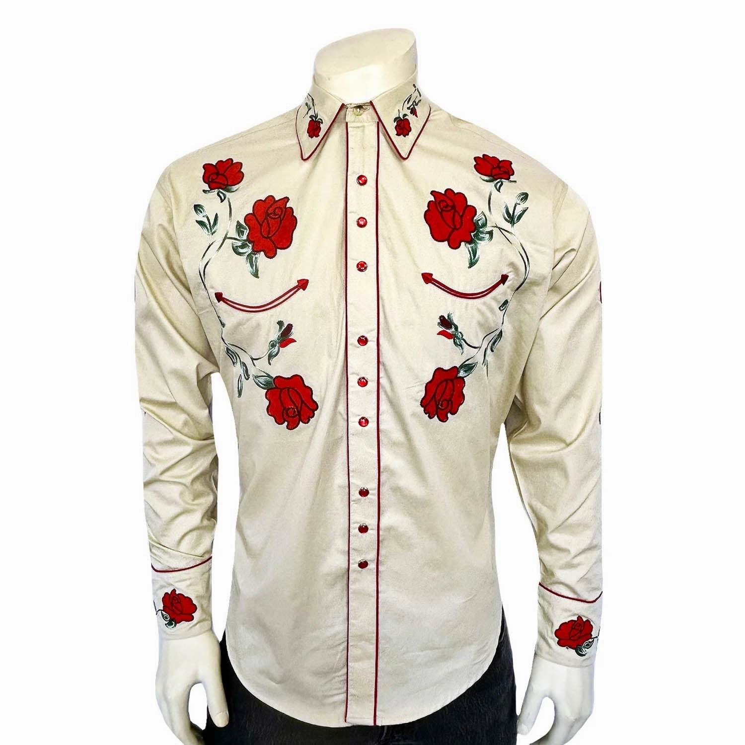 Unmatched comfort Layered Sleeve Cuffs Rockmount Mens Crochet Rose Floral Khaki 100% Cotton L/S Shirt