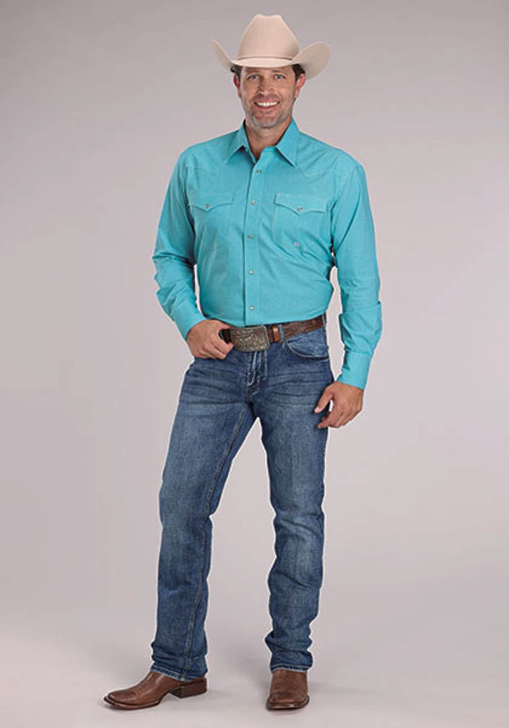 Roper Mens 2510 Stretch Mini Check Turquoise Cotton Blend L/S Shirt Networking Session Gradient effect