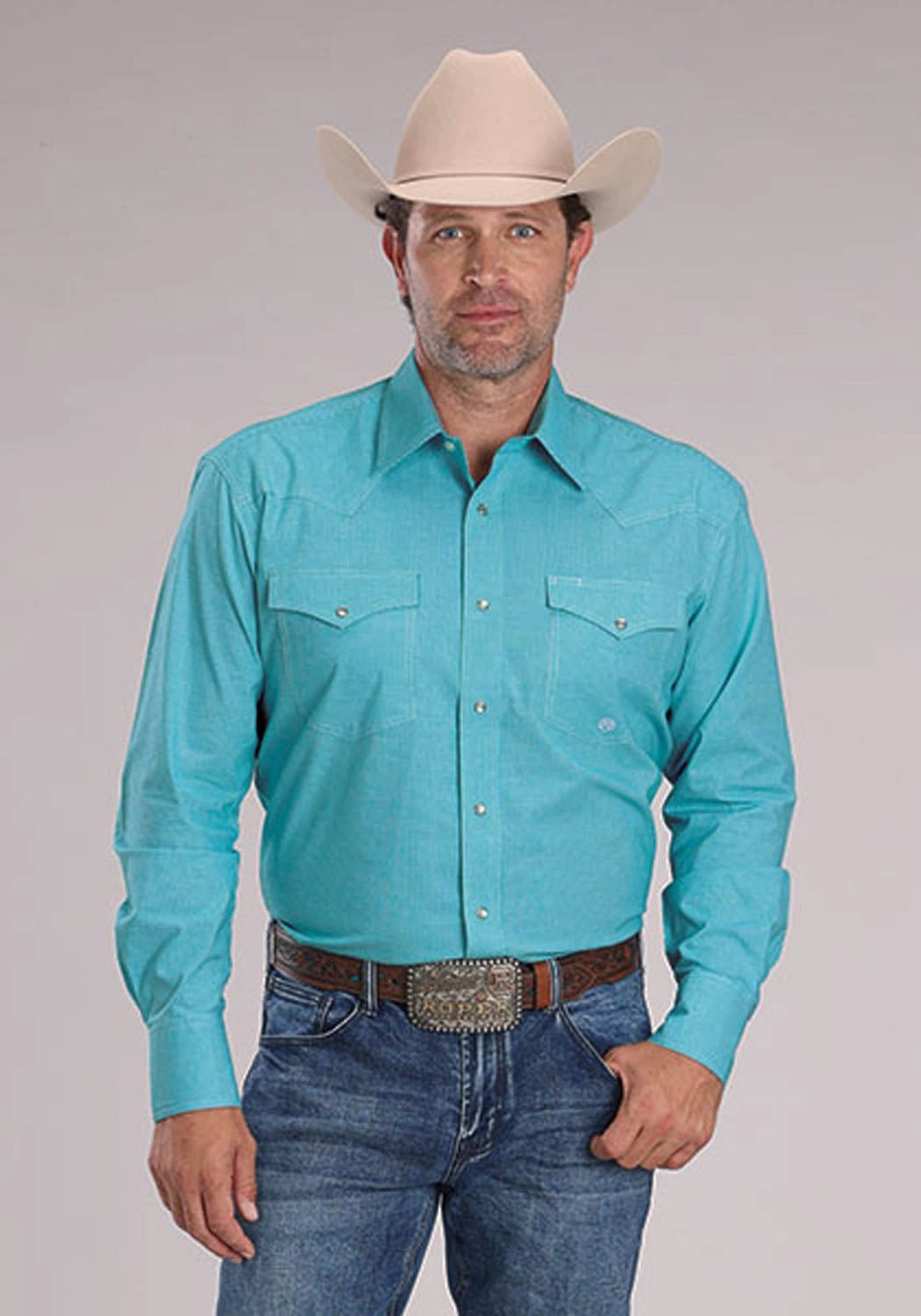 Relaxed Vibe Gym Companion Roper Mens 2510 Stretch Mini Check Turquoise Cotton Blend L/S Shirt