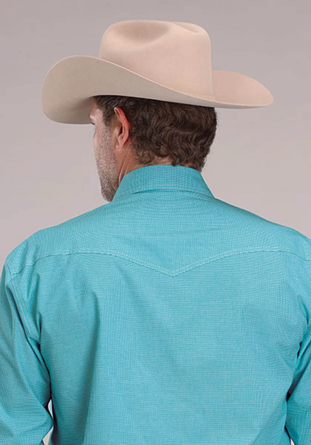 Roper Mens 2510 Stretch Mini Check Turquoise Cotton Blend L/S Shirt Chambray Fabric Tall Option