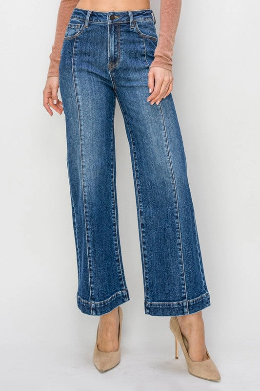 Morgan High Rise Ankle Wide Jeans Textured Party Look Soft Button Fly Option
