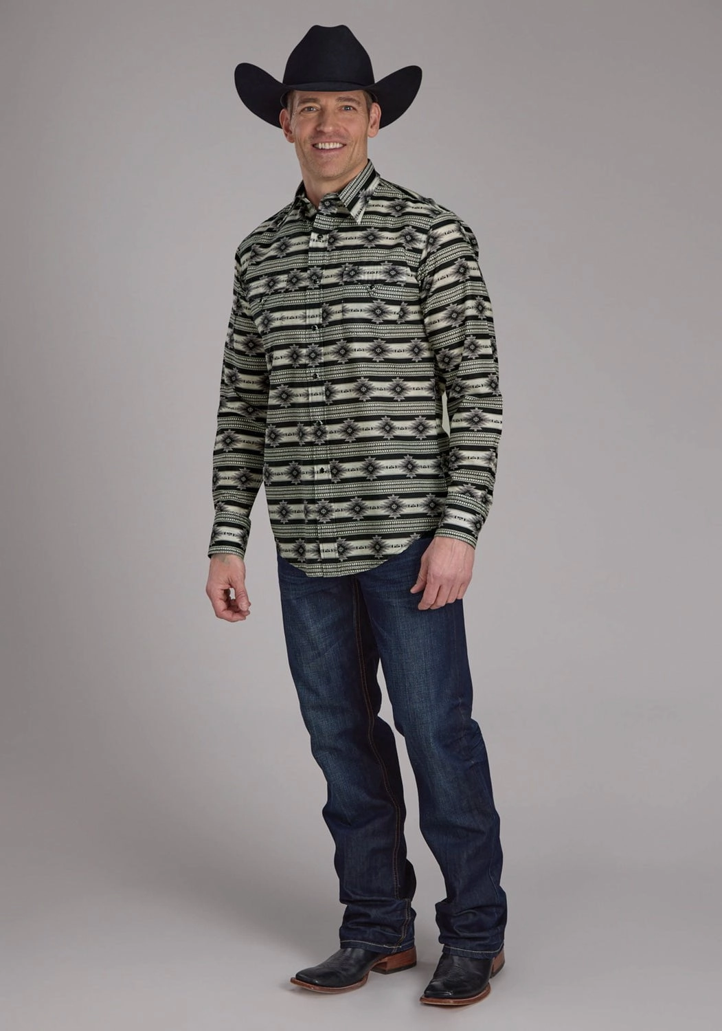 Roper Mens 2182 Santa Fe Aztec Black 100% Cotton L/S Shirt UV Protection Rugged Style