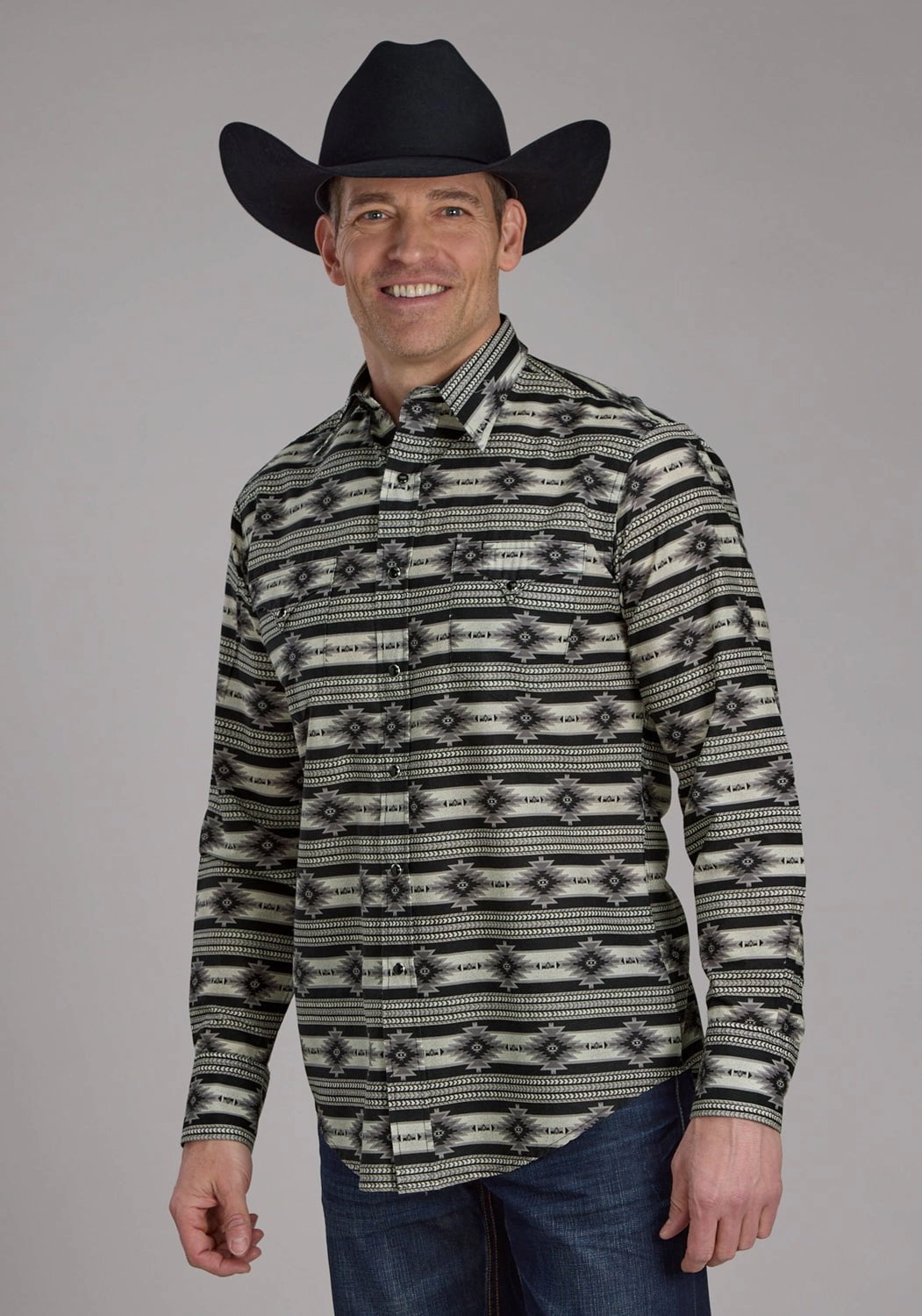 Roper Mens 2182 Santa Fe Aztec Black 100% Cotton L/S Shirt High-End Finish