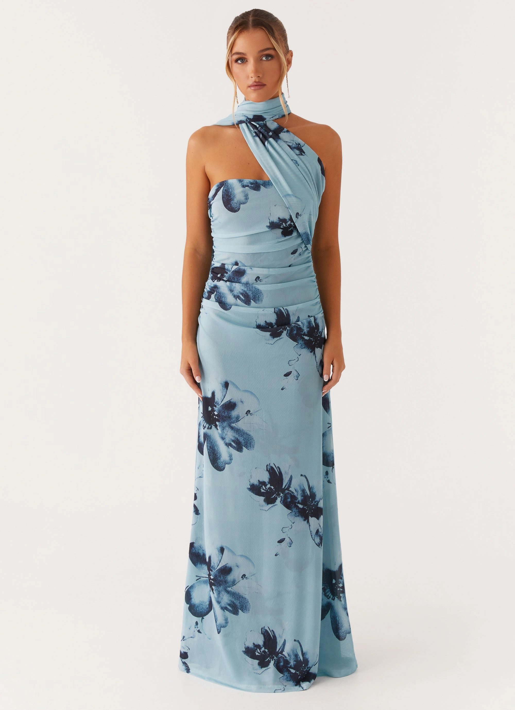 Faux Fur Collar Songbird Maxi Dress - Blue Black Floral