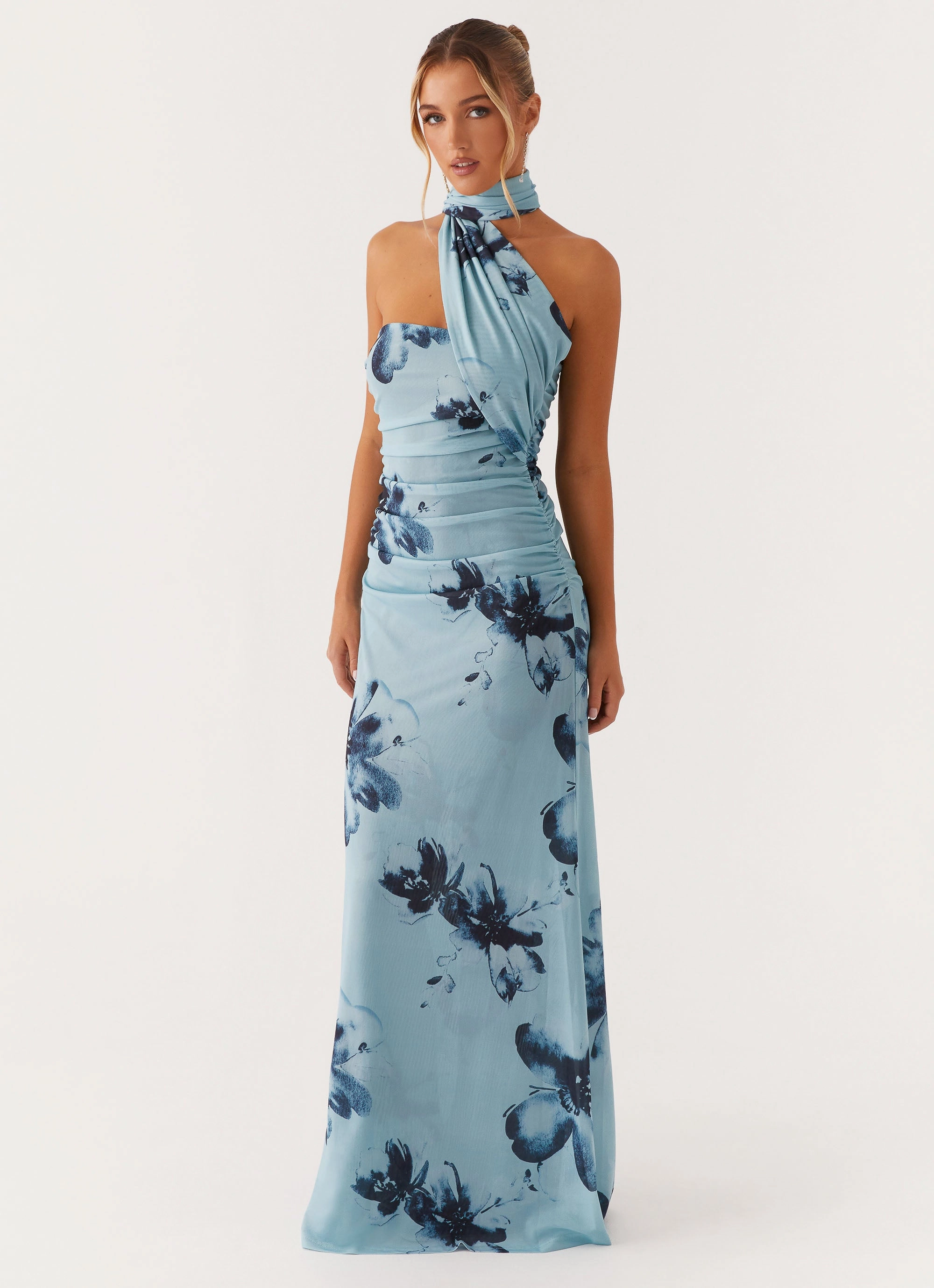 Songbird Maxi Dress - Blue Black Floral Sleek Wool Coat