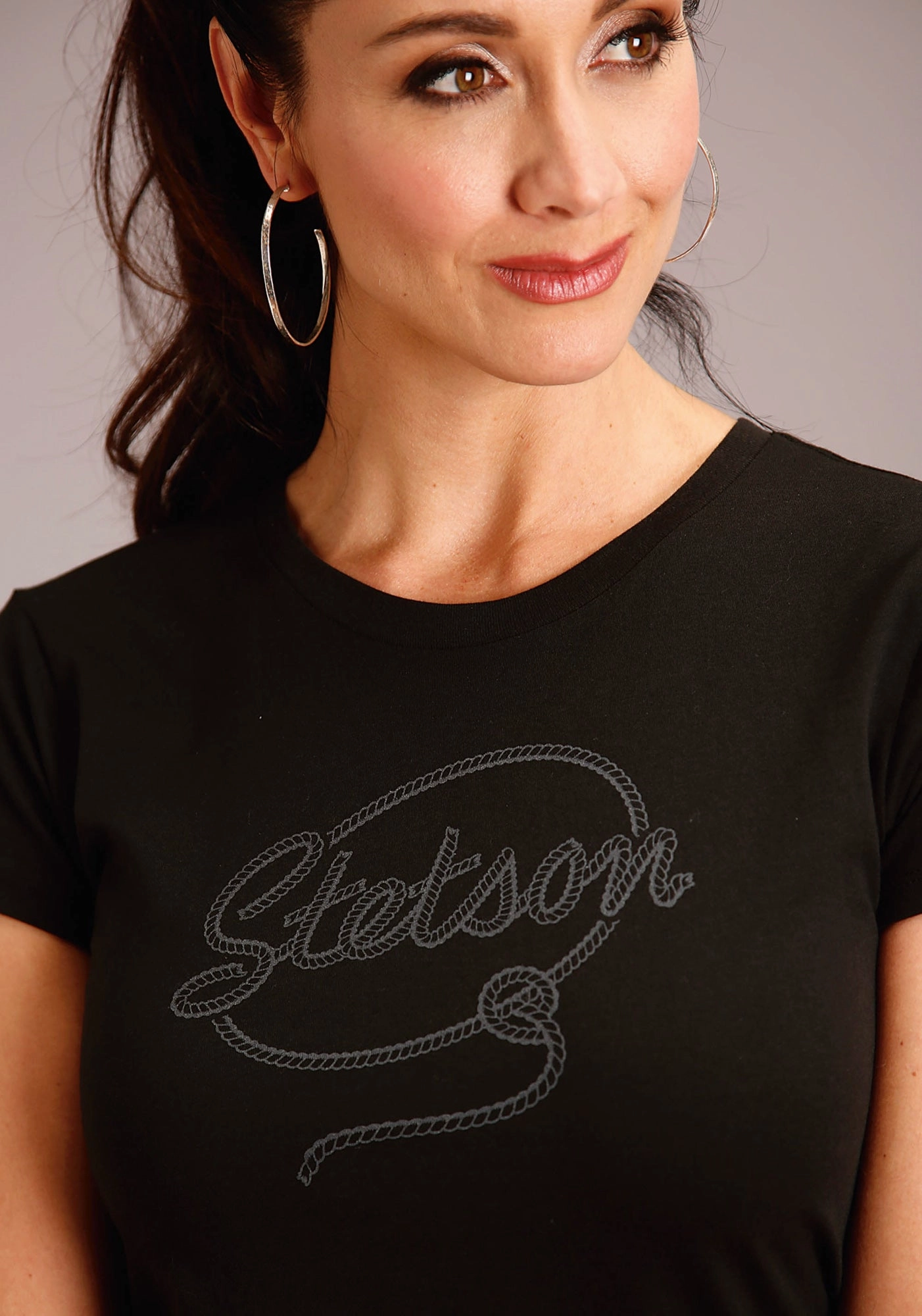 Stetson Womens Black 100% Cotton Rope Letters S/S T-Shirt Modern Aesthetic