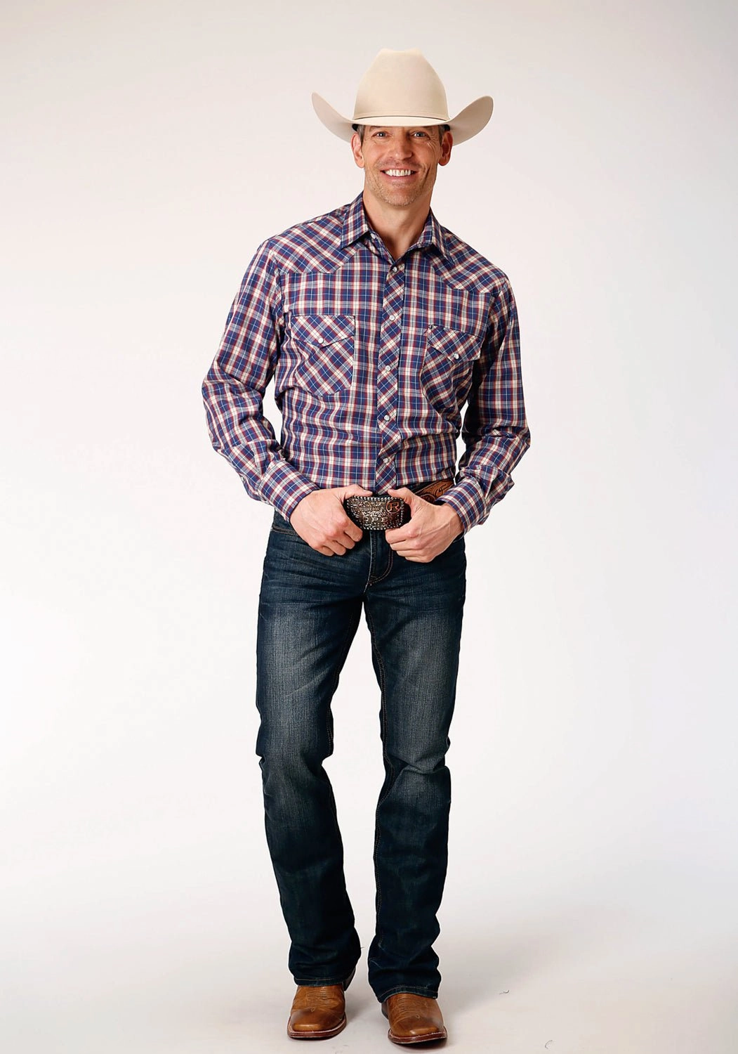 Raw edge Long Sleeve Roper Mens Cream Windowpane Blue Cotton Blend L/S Shirt