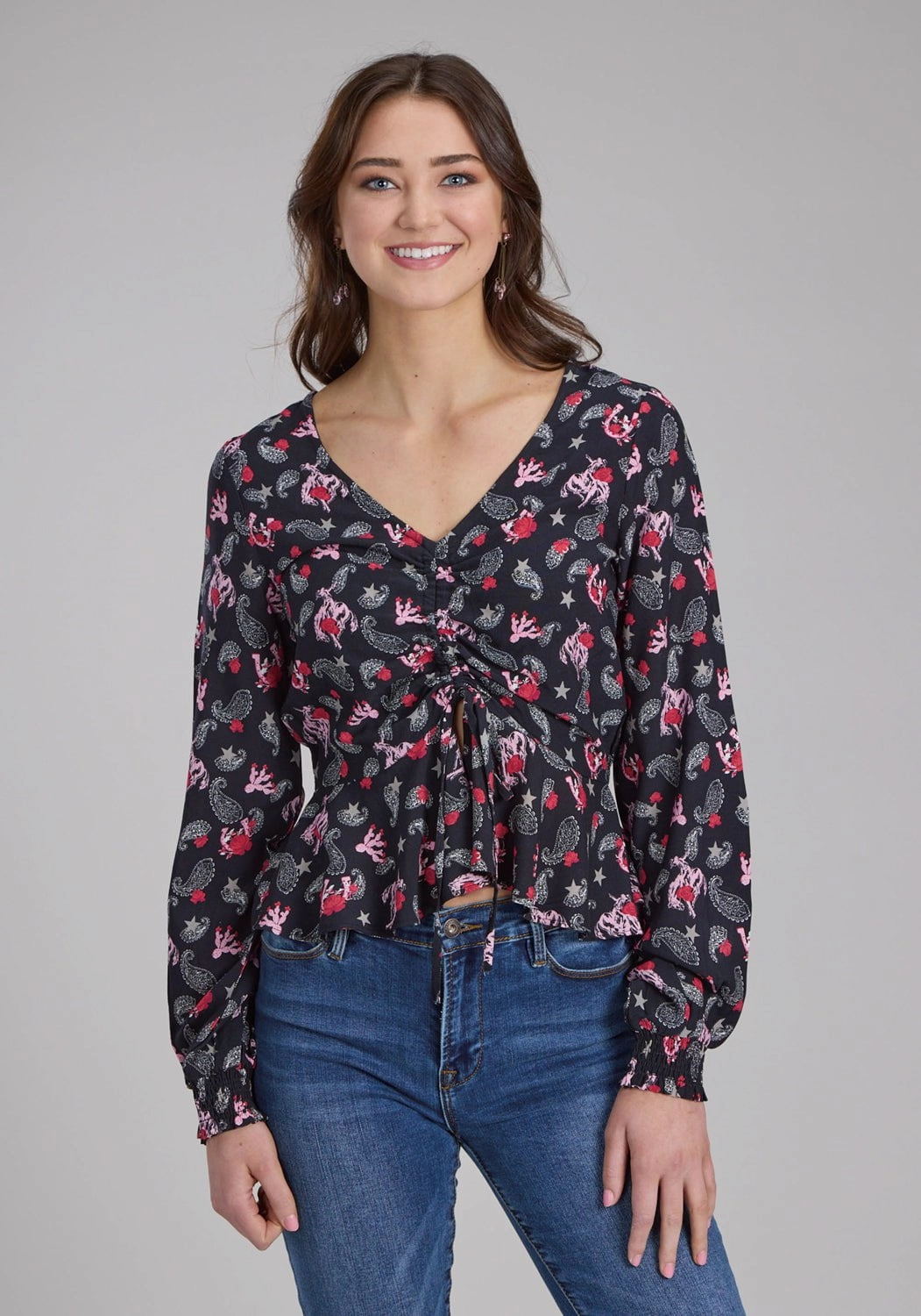 Roper Womens Bronc Rider V-Neck Black 100% Rayon L/S Blouse Cooling Core Technology