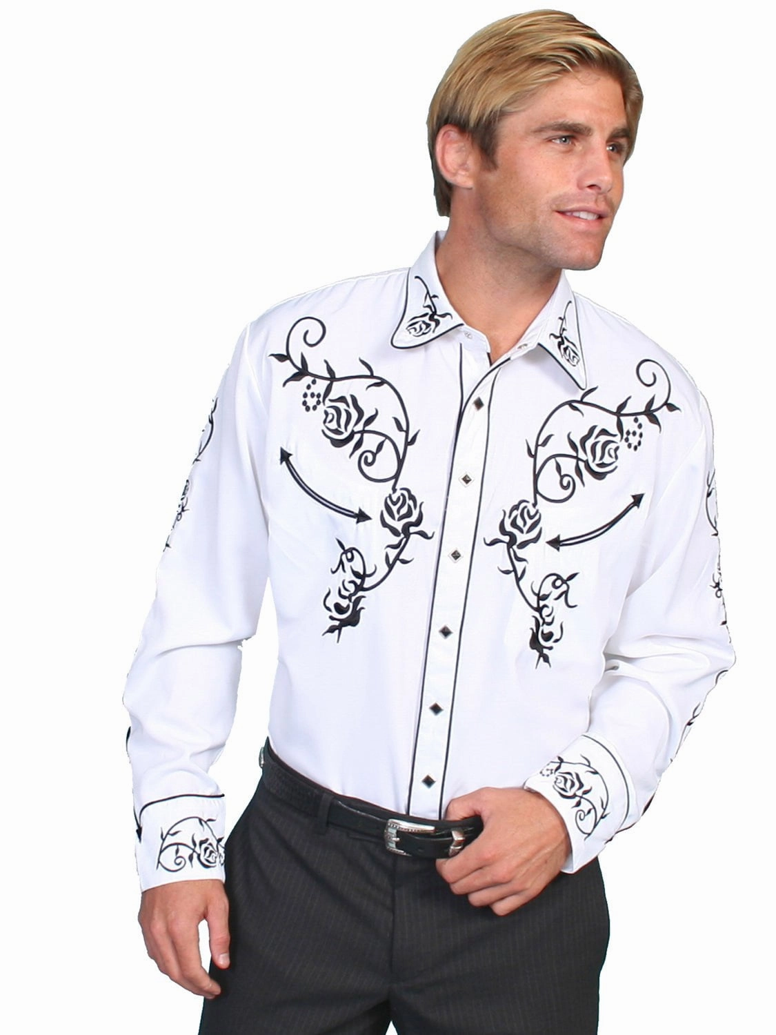 Bold Statement Scully Mens Shirt Western White Poly Blend Floral Yoke Stitch L/S